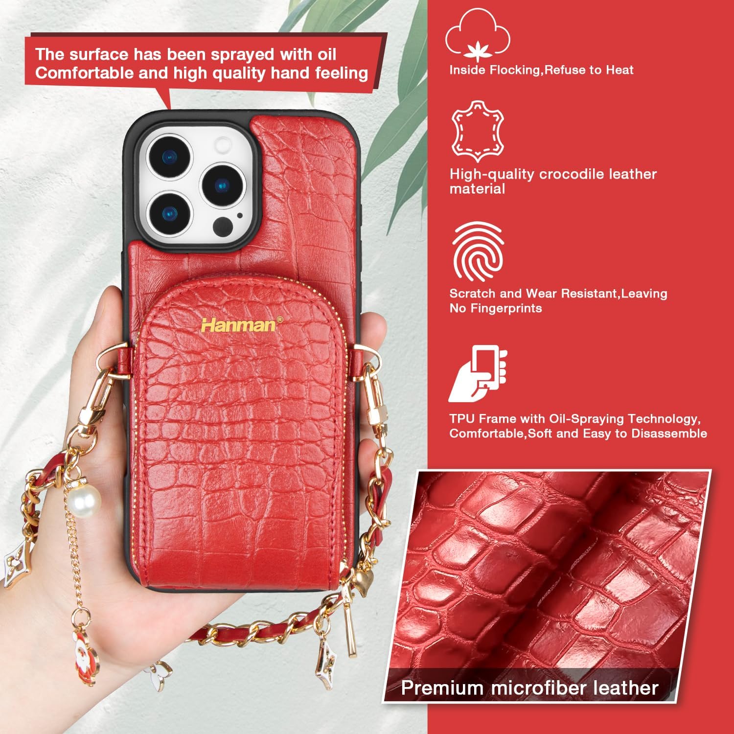 Hanman Leather Wallet Case with Wrist Strap for iPhone 16 Pro Max,RFID Blocking PU Leather Zipper Purse Case for iPhone 16 Pro Max,Crocodile Leather Wallet & Card Holder Case Red - Image 2