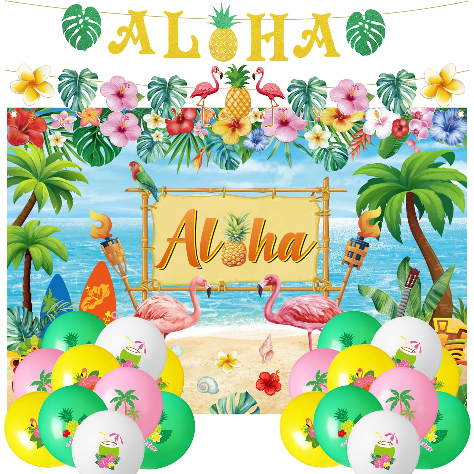 27Pcs Aloha Decorations Set, Hawaiian Party Decorations Includes Aloha Backdrop Party Banner and Hawaiian Balloon for Summer Beach Luau Party Supplies