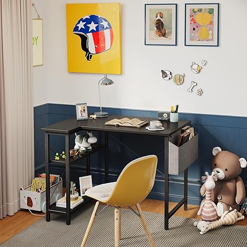Miniatura 9 de CubiCubi L Shaped Desk, 40 Inch Computer Desk with Reversible Storage Shelves Home Office Corner Desk Study Writing Table, Black Negro,Marrón,Marrón