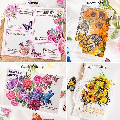 Miniatura 6 de Knaid 300 calcomanías surtidas de mariposas y flores, calcomanías de resina floral de mariposas transparentes, calcomanías estéticas para diario,