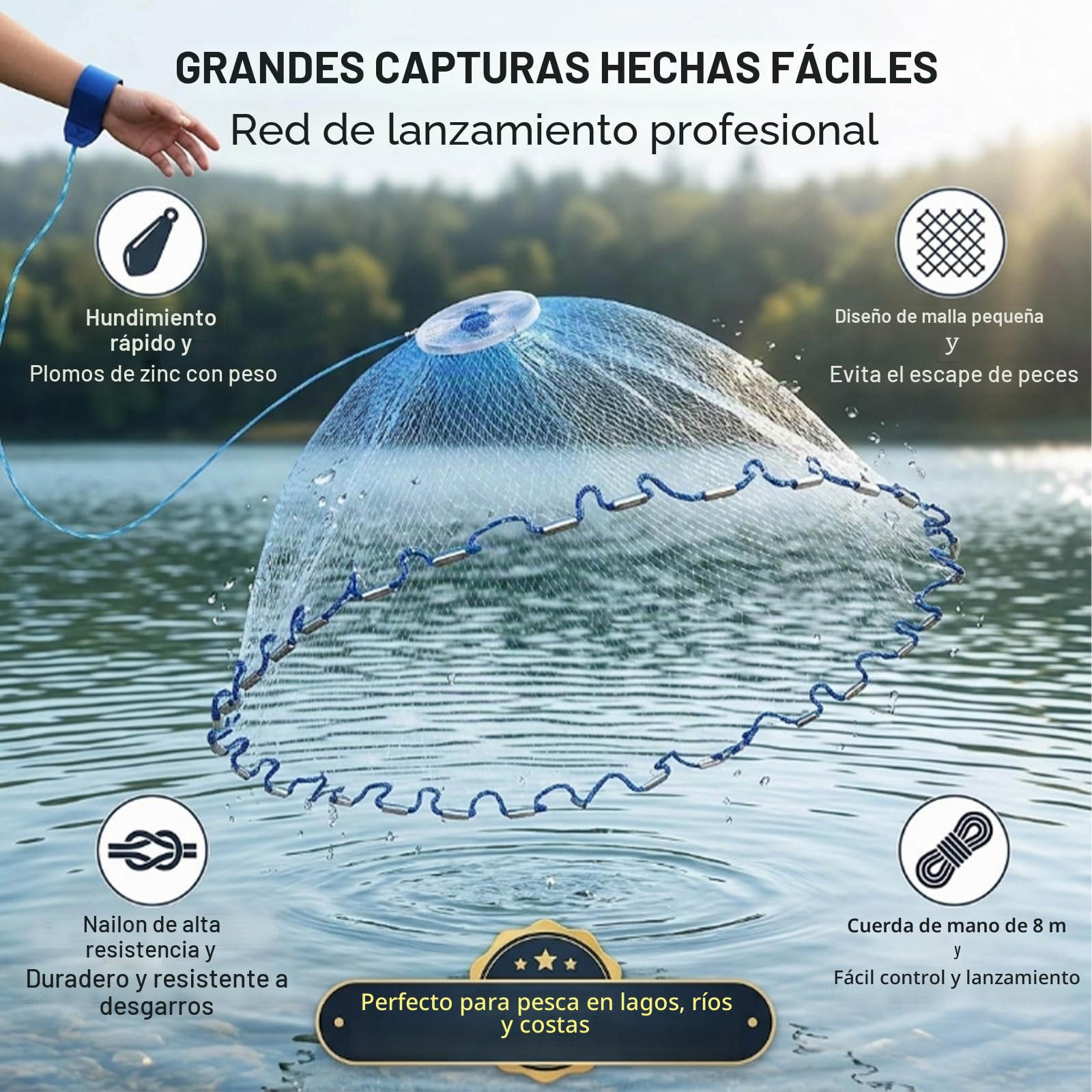 Red de Pesca de Mano, Trampa de Red de Pesca portátil para Exteriores, Fabricada en Nylon monofilamento Moldeado a Mano con Trampa para señuelos para línea de Mano (2,4 m)
