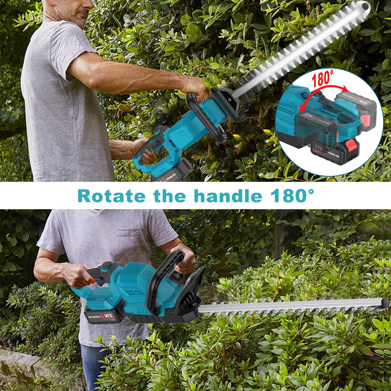 Cortasetos Bateria,Corta Setos Jardin Electrico con 2x1500 mAh Batería,Velocidad de 20500 RPM,Motor sin Escobillas,50cm, Cuchillas Dobles,Apto para Desherbar, Podar Arboles y Arbustos