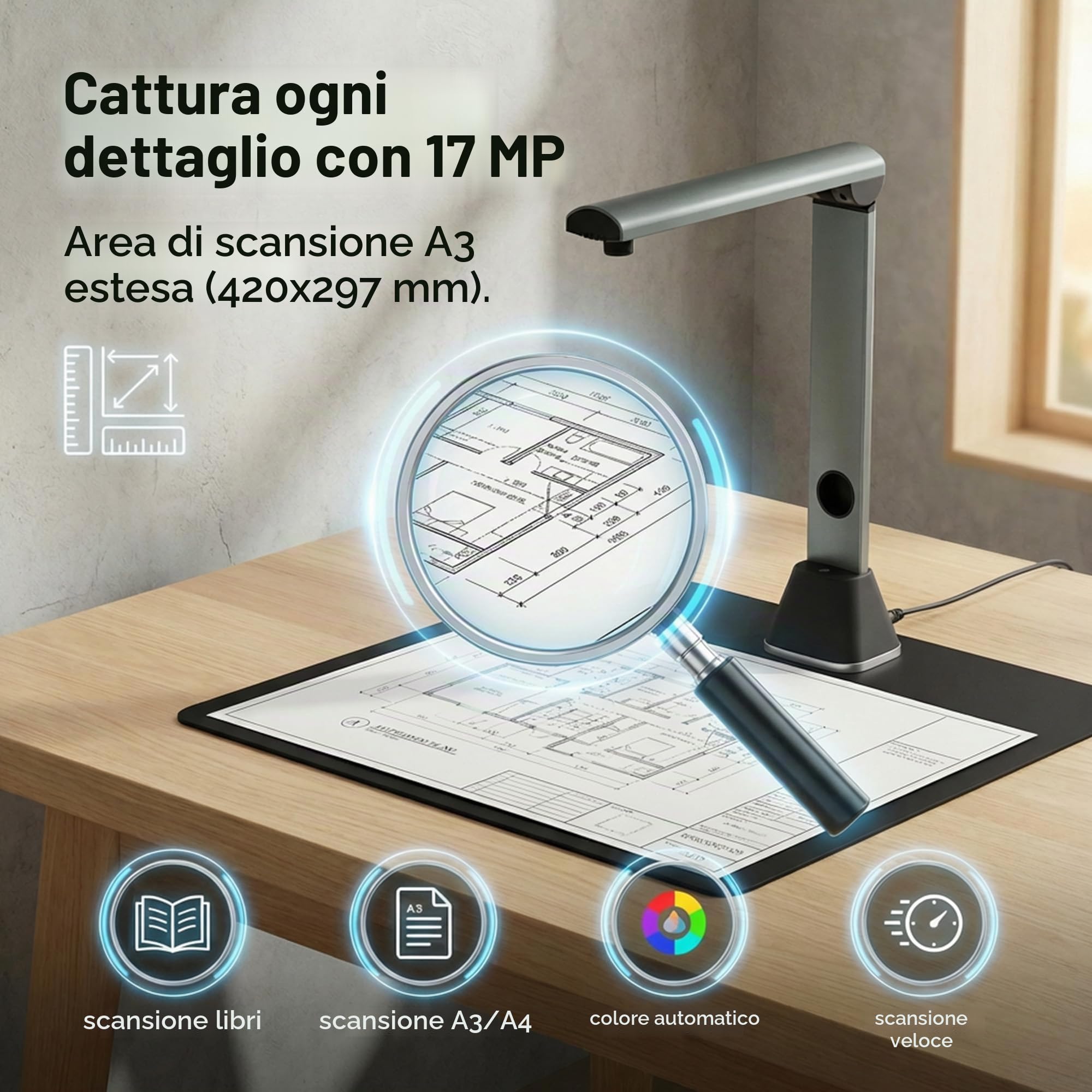 Scanner Documenti A3 17MP: | OCR 130 Lingue Fotocamera Documenti USB 4 LED Scanner Libro Ufficio Scuola Archivio Home Office