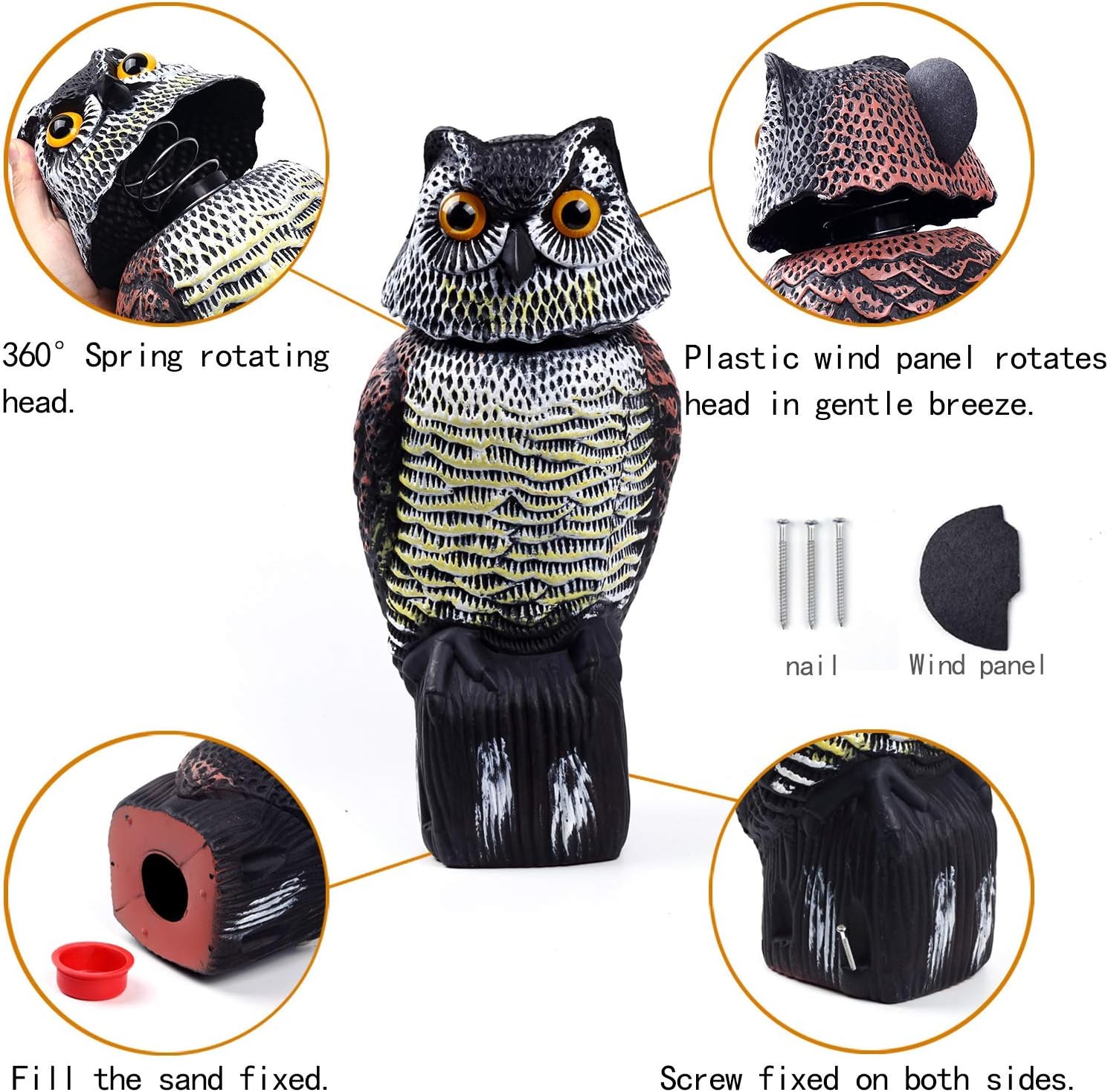 Owl Decoys to Scare Birds Away with Rotating Head,Natural Enemy Bird Deterrent Realistic Eyes & Waterproof Shape Fake Owl Scarecrow Bird Control - Image 2