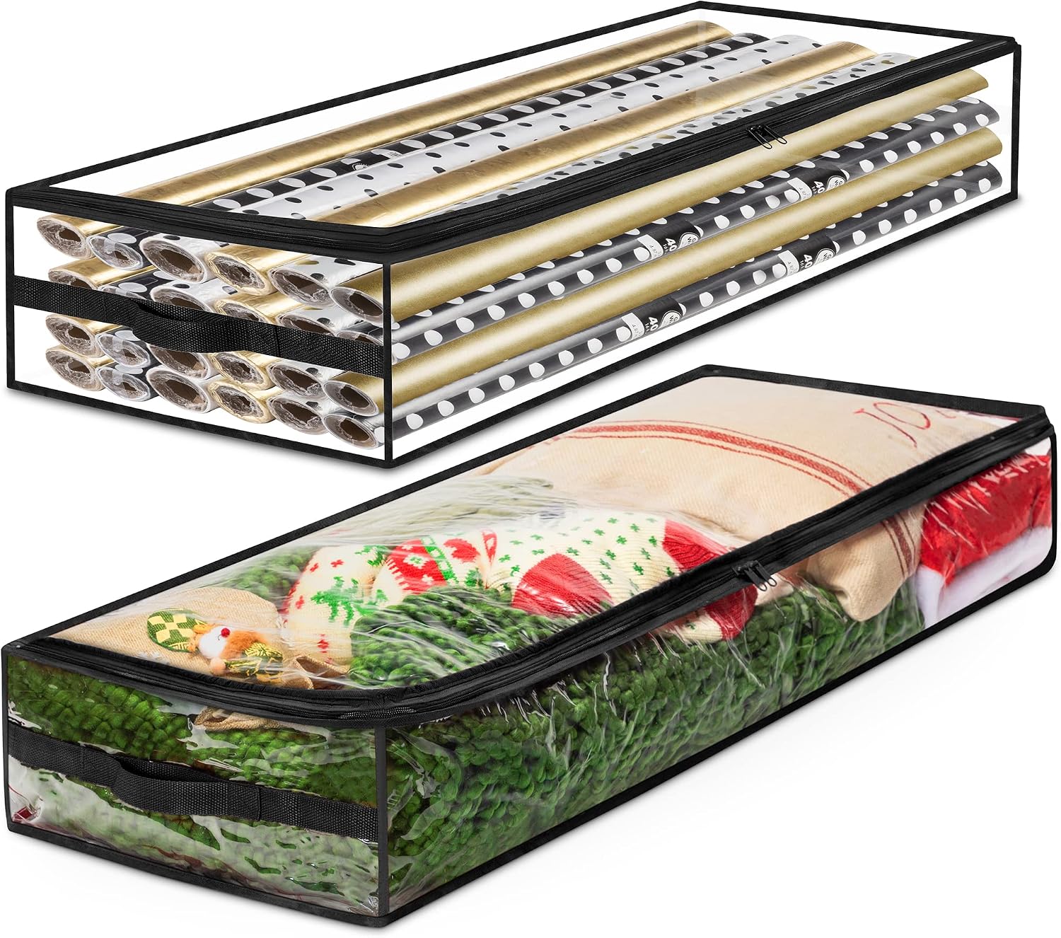 ZOBER PVC Clear Christmas Under-Bed Wrapping paper storage & Holiday Decoration Bag, Slim Compact Xmas Storage, Reinforced Handles for Easy Carrying, Black Trim