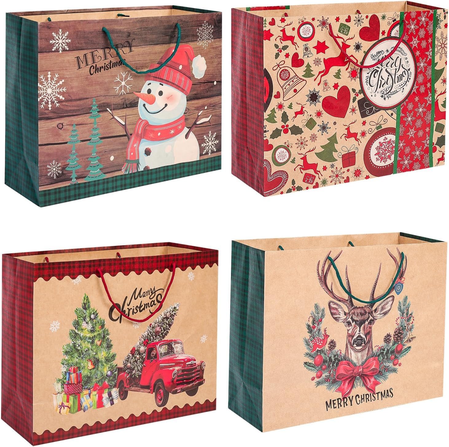 LATERN 8Pcs Christmas Bags Gift Bags, 51CM x 38CM x 18CM Large Kraft Paper Bag Christmas Theme Goody Bag Jumbo Candy Paper Boxes with Handle for Gaint Xmas Gift Packaging (4 Pattern)