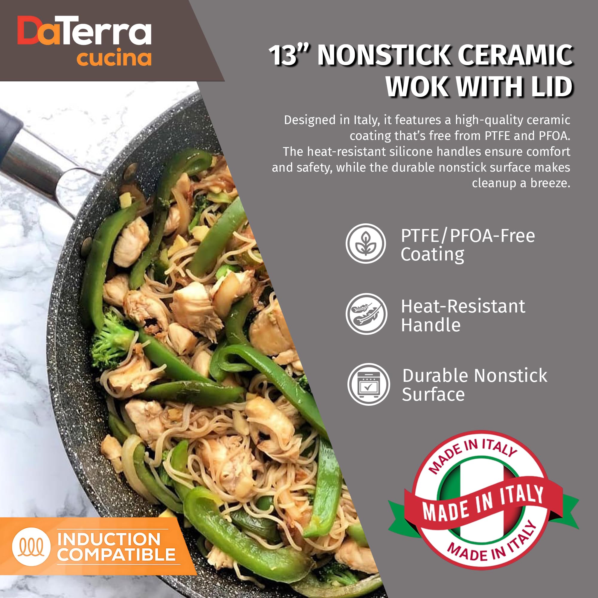 DaTerra Cucina - 33 cm Antihaft-Keramik-Wok mit Deckel, hergestellt in Italien, hochhitzebeständiges Antihaft-Kochgeschirr, ofen- und induktionsfest, PTFE-, Cadmium-, Blei- und PFOA-frei, vulkanisch