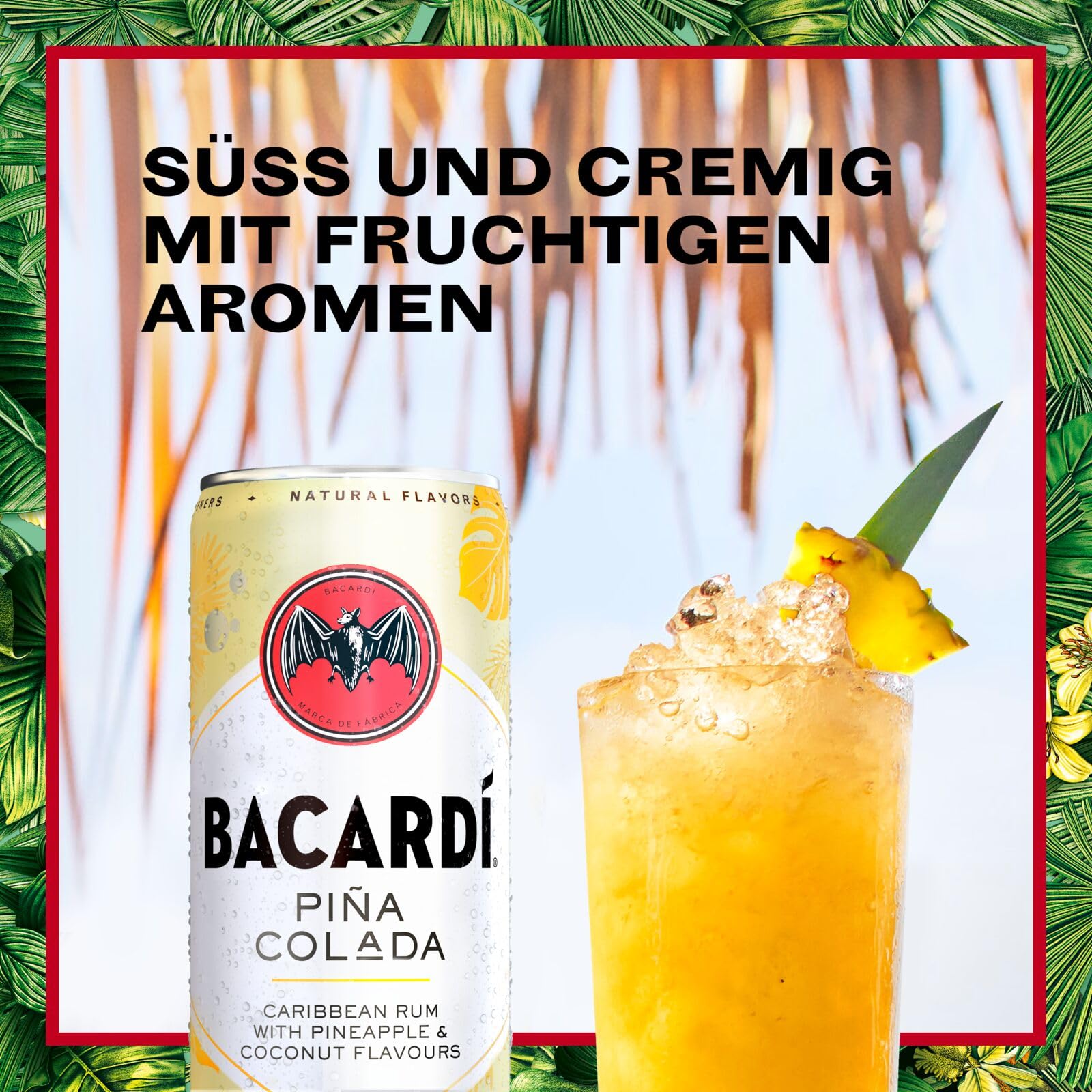 BACARDÍ Piña Colada, 10% Vol., 12 x 25 cl/250 ml, Ready-To-Drink Cocktail in der Dose, trinkfertig mit BACARDÍ Carta Blanca Rum, Ananas und Kokosnuss