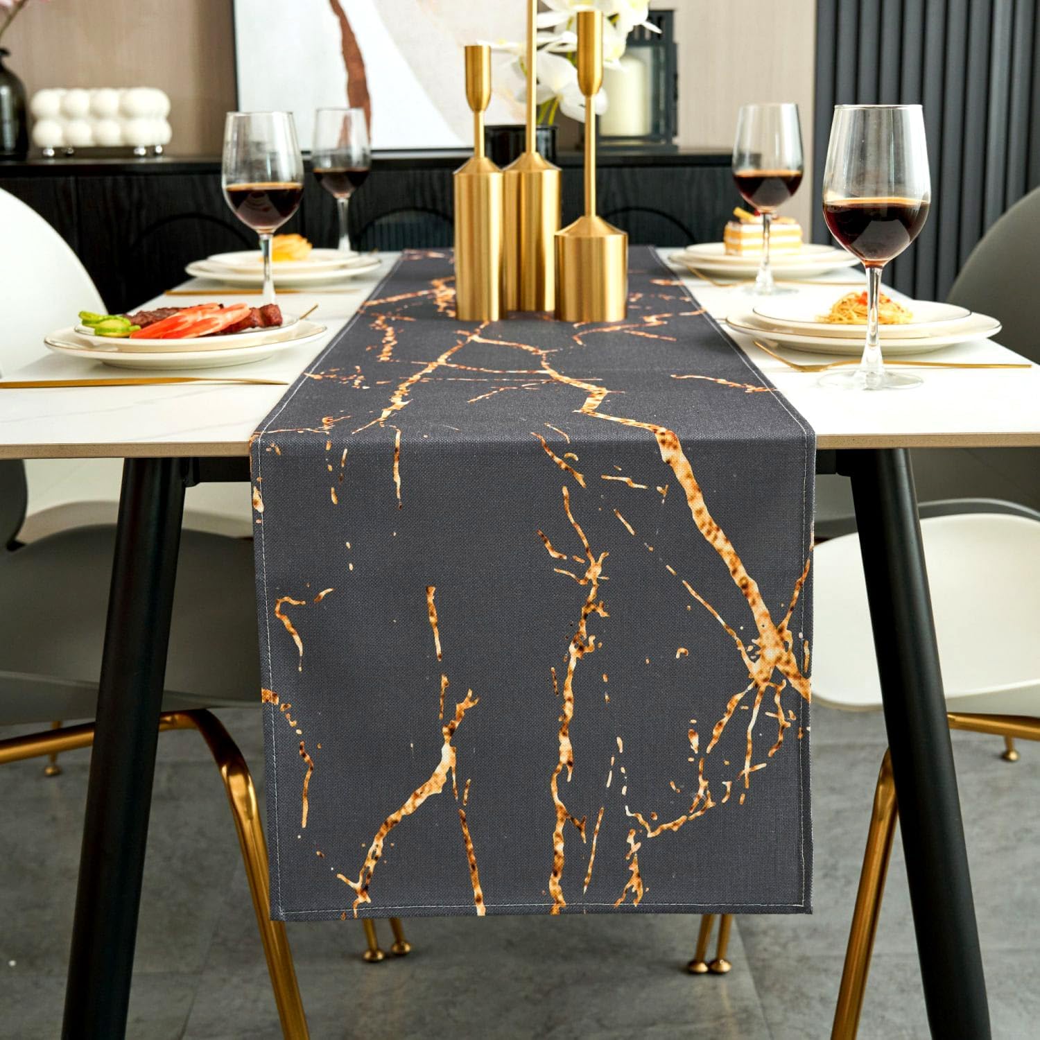 Jayusaror Table Runner Modern Autumn Grey and Gold Linen Marble Golden Texture Abstract Art Washable Table Runner for Coffee Dining Room Dresser Side Table Bedroom 40 x 240 cm