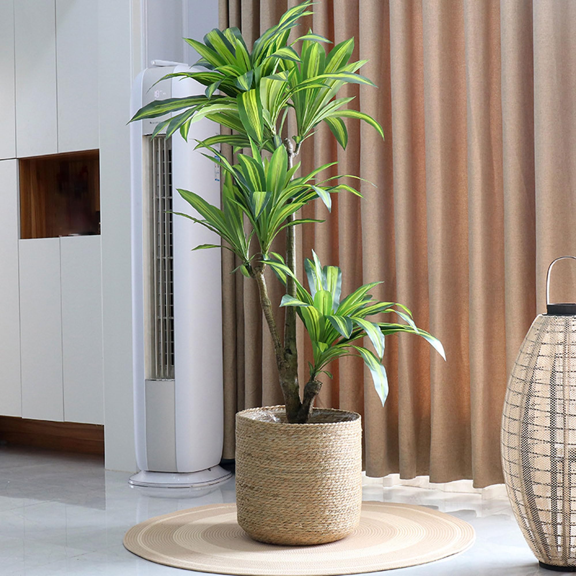 1 Panier Tressé en Jonc, Pot Plante Naturel Boho avec Anses, Panier Rond Décoratif en Osier pour Plantes Intérieur et Extérieur, Déco Arbres Maison(Size:Grand)