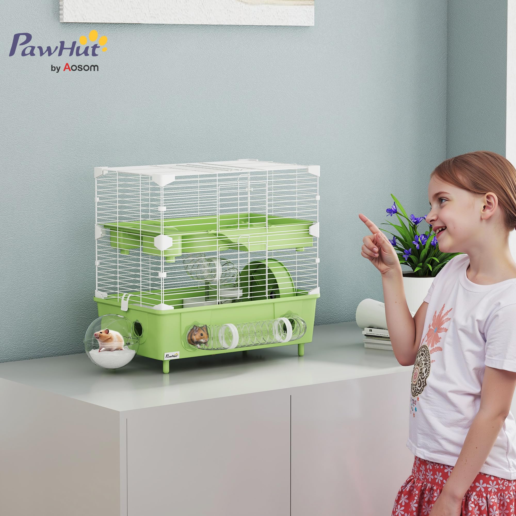 PawHut Gabbietta per Criceto a 2 Livelli e 3 Porte con Ruota Silenziosa, Lettiera e Tubi di Gioco, Gabbia per Animali in Acciaio, PS e PP, 44.5x28x44 cm, Verde e Bianco