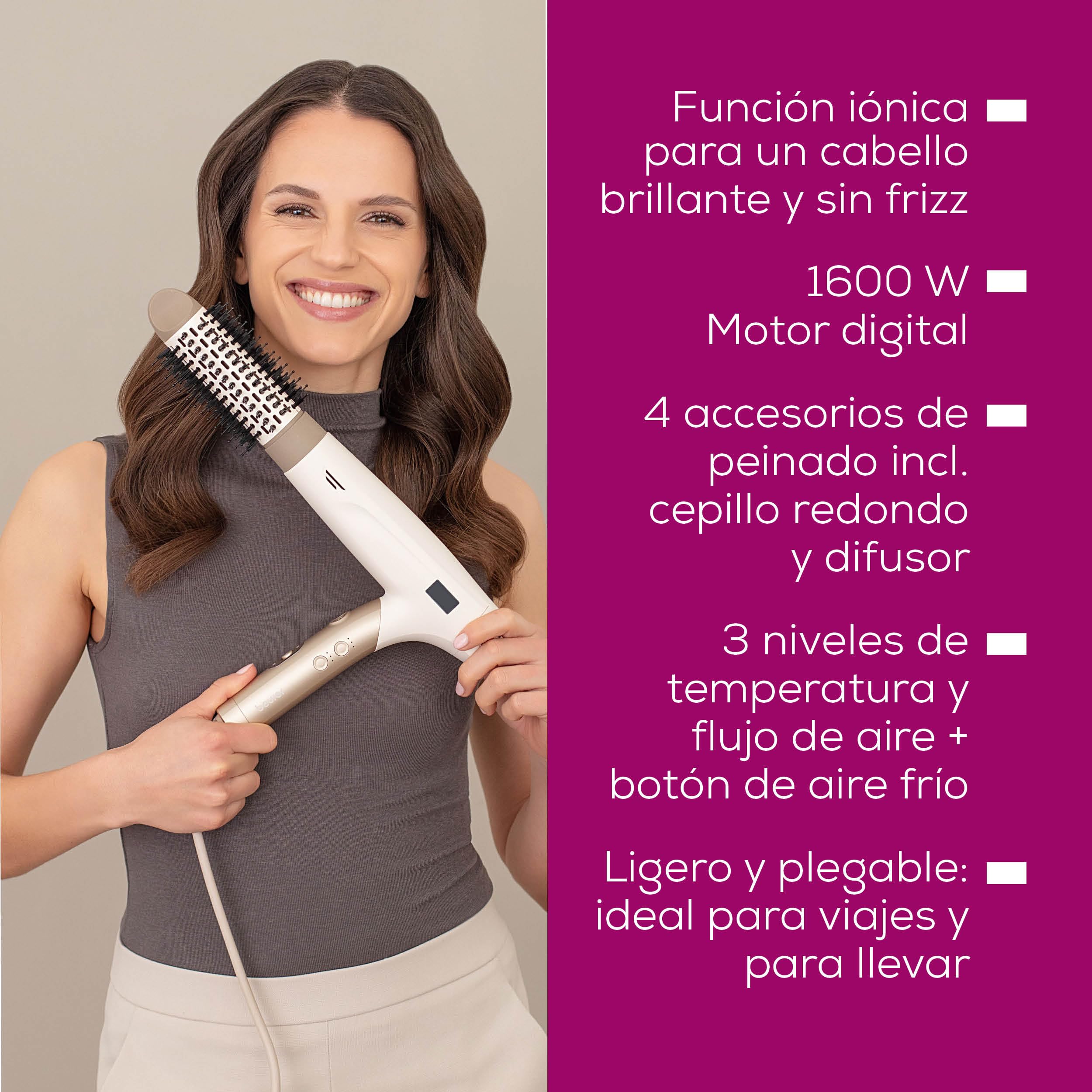 Beurer HC 150 FusionDry Pro Secador de pelo, secador ultraligero con potente motor digital, mango plegable ergonómico ideal para viajes, incl. 4 accesorios de peinado