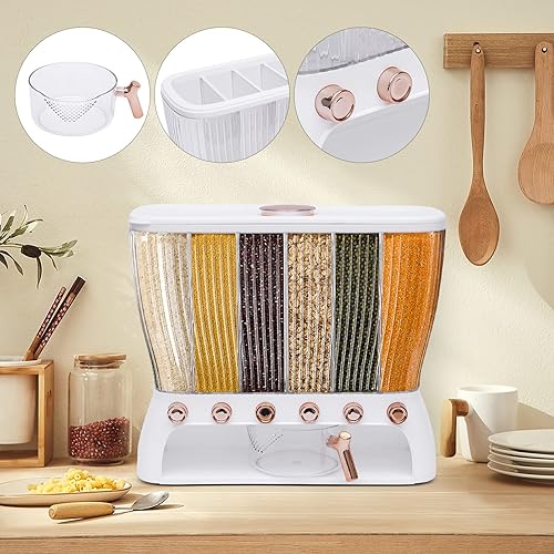 Miniatura 3 de Dispensador de alimentos secos de chispas montado en la pared, dispensador de cereales de almacenamiento de 6 rejillas con taza, control libre de la