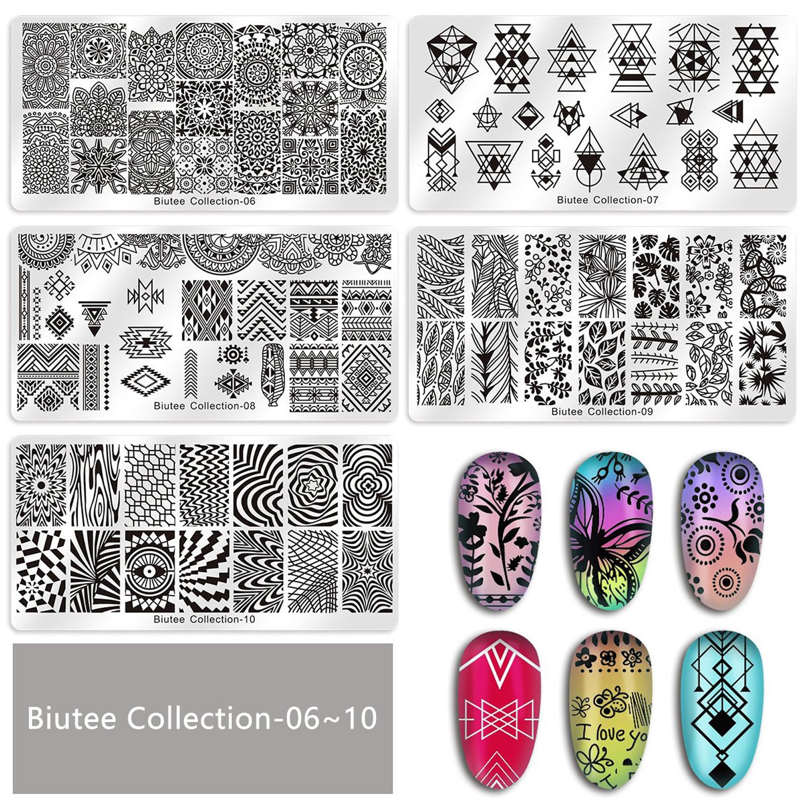 Biutee Set de Stamping Nail Art Kit d'estampage d'ongles 15 pièces modèles d'art d'ongle avec motifs d'animaux, de feuilles et de fleurs 1 Tampon 2 Grattoir 1 Paquet de Cartes