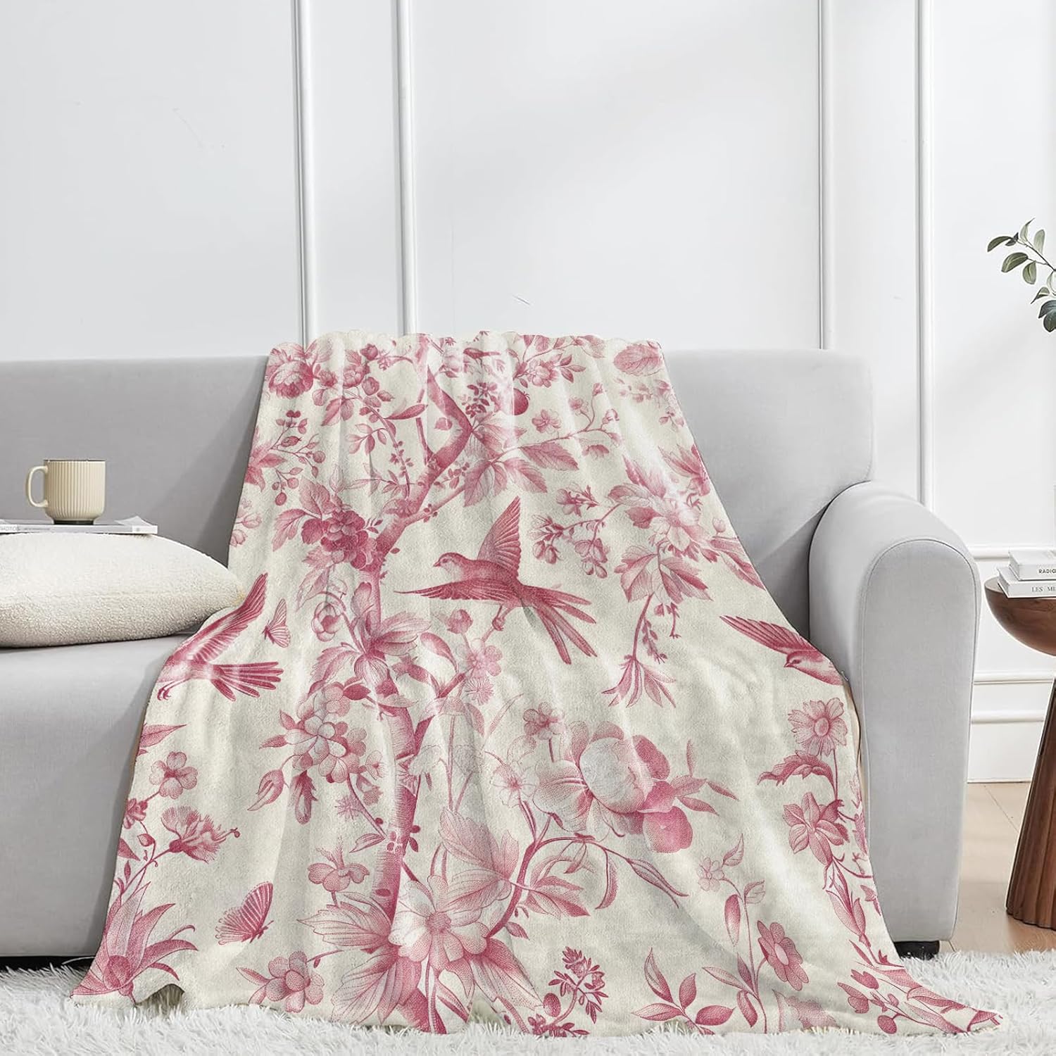 Vintage Bird Flannel Blanket,French Country Throw with Pink Floral Branch and Flying Birds on Cream Background,Lightweight Fleece Blankets for Nature Lover,Couch,Cabin,Bed Decor Gifts,60x50in - Image 2