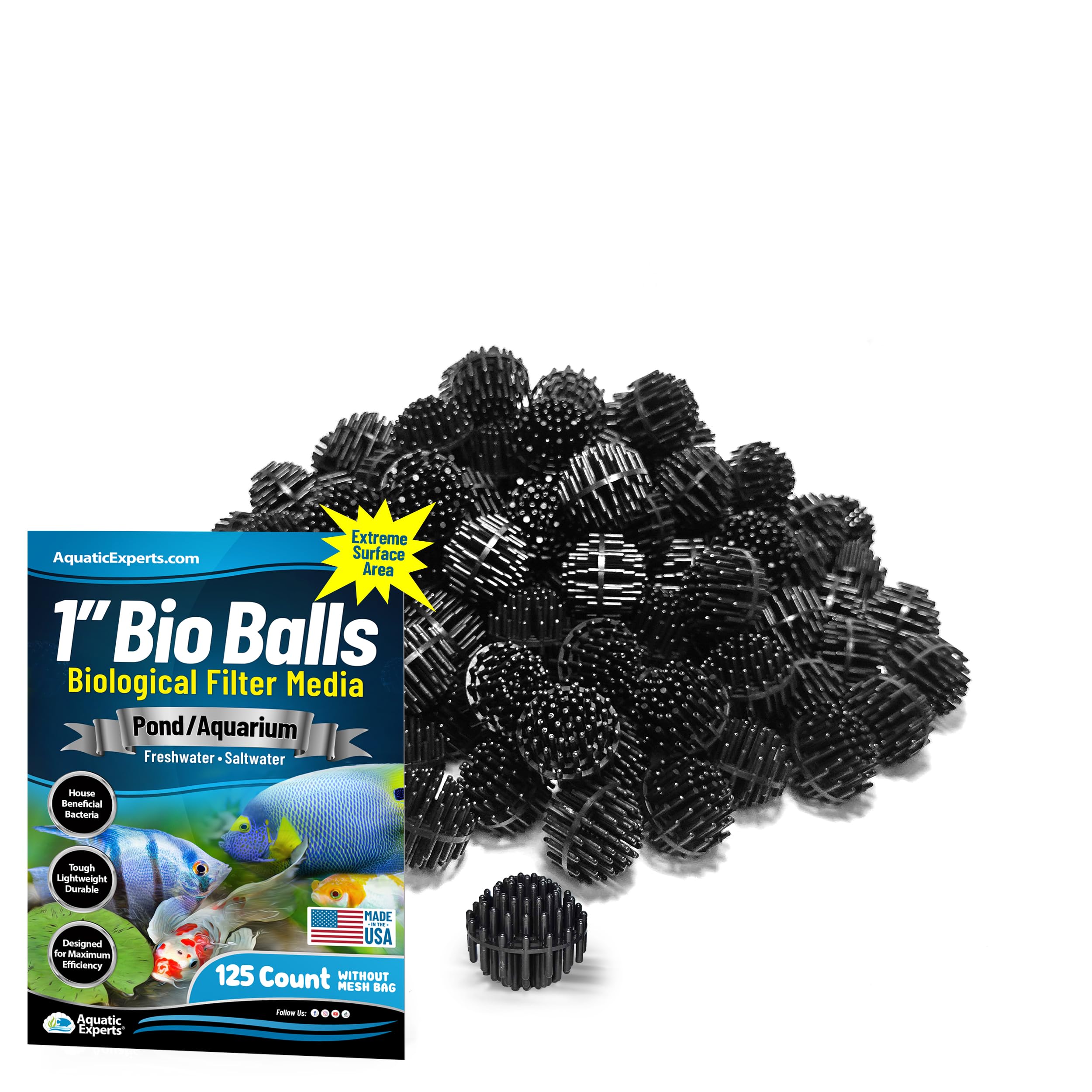 Aquatic Experts 1" Small Bio Balls for Aquariums &amp; Small Ponds – Biological Filter Media for Canister Filters, Sumps &amp; Wet/Dry Systems, Made in USA (125 Count, No Mesh Bag)