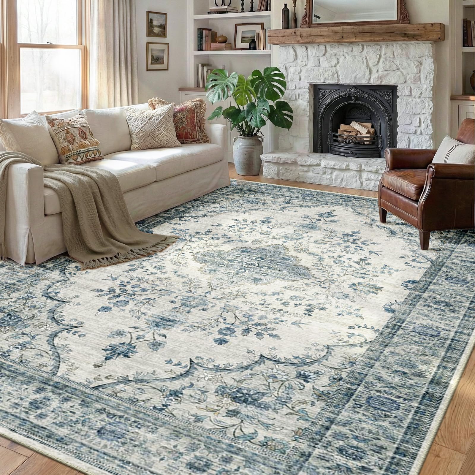 DEFYNEE Machine Washable Rug 240x300 cm, Short Pile & Anti-Slip, Retro Boho Area Rug for Living Room, Bedroom, Dining Room, Hallway, Beige-Blue โ image 1