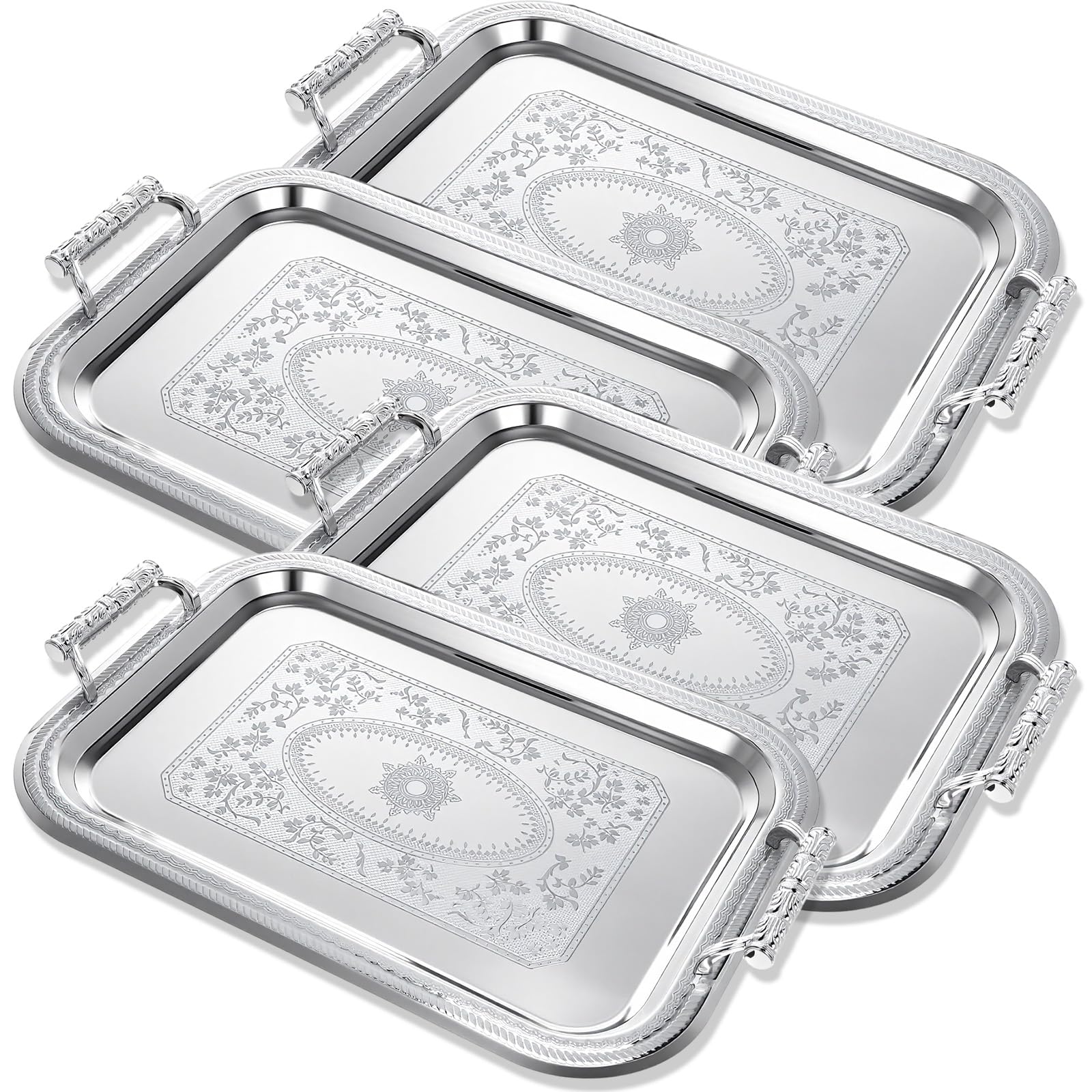 View 1 of Teecyhooo 4 Pack Silver Serving Trays with Handle