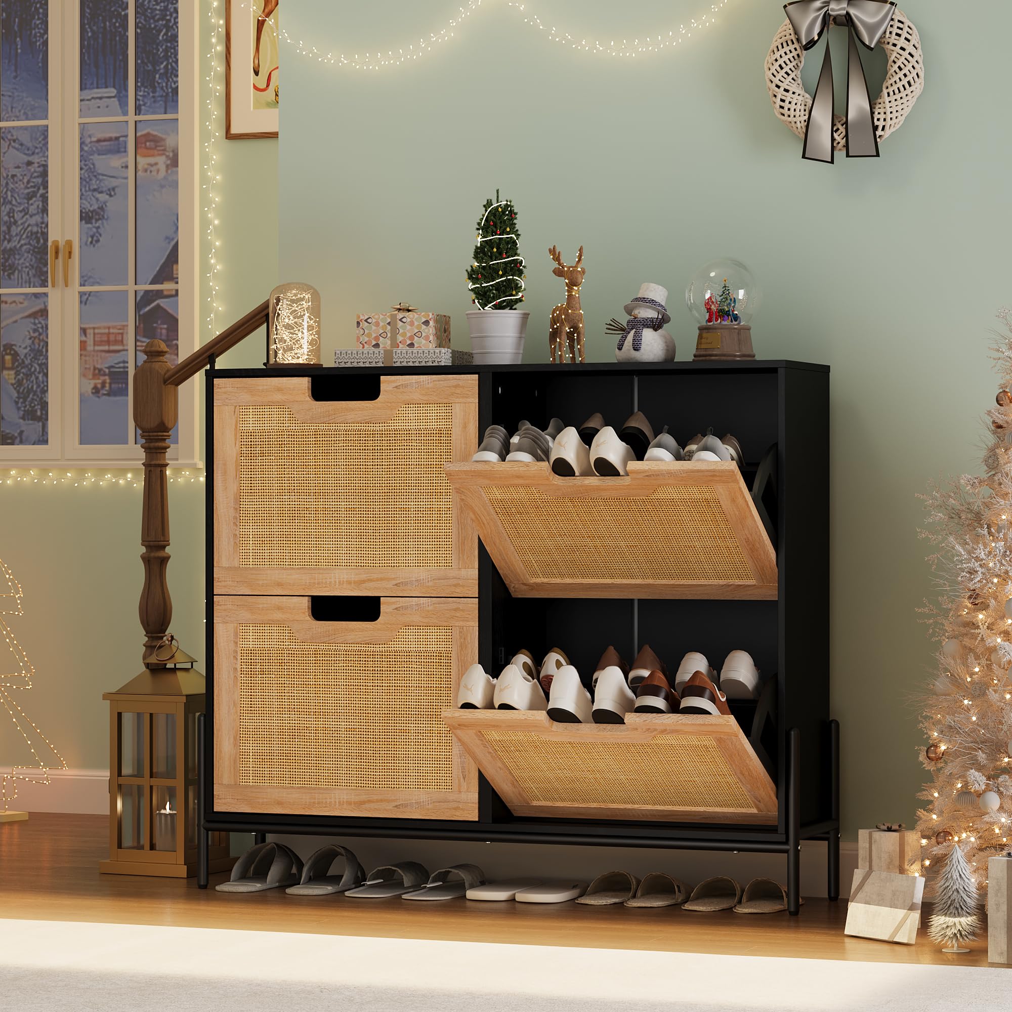 GarveeHome Natural Rattan 4 Flip Door Shoe Cabinet Organizer Freestanding, Shoe Rack Storage Cabinet with 3-Tier Adjustable Shelves for Entryway,