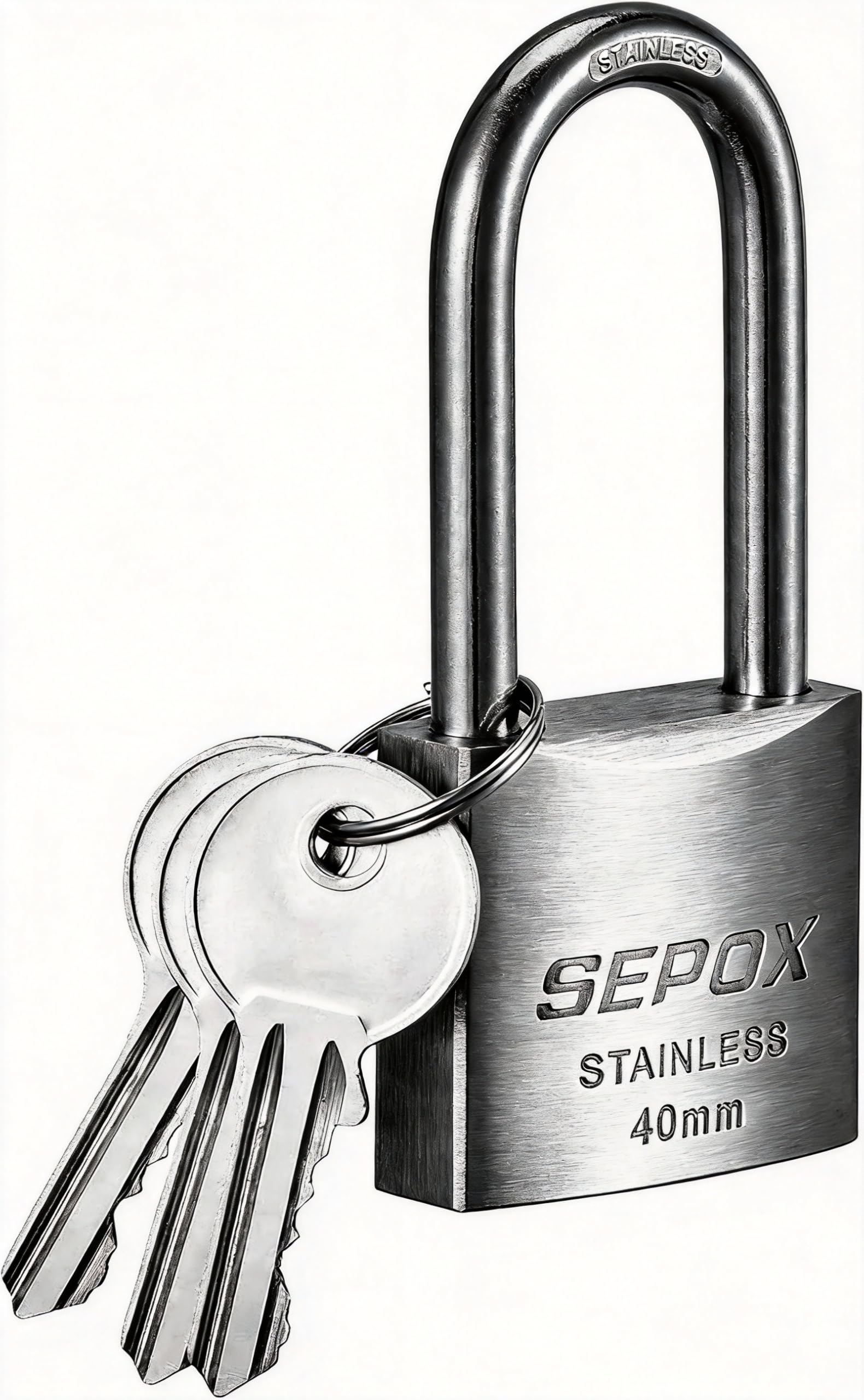 SEPOX® Outdoor Padlock with Key, SUS304 Stainless Steel Lock Body and Long Shackle Waterproof 40mm Keyed Heavy Duty Padlock and Key, Weatherproof for Gate, Chain, Shed, Boat, Marine.