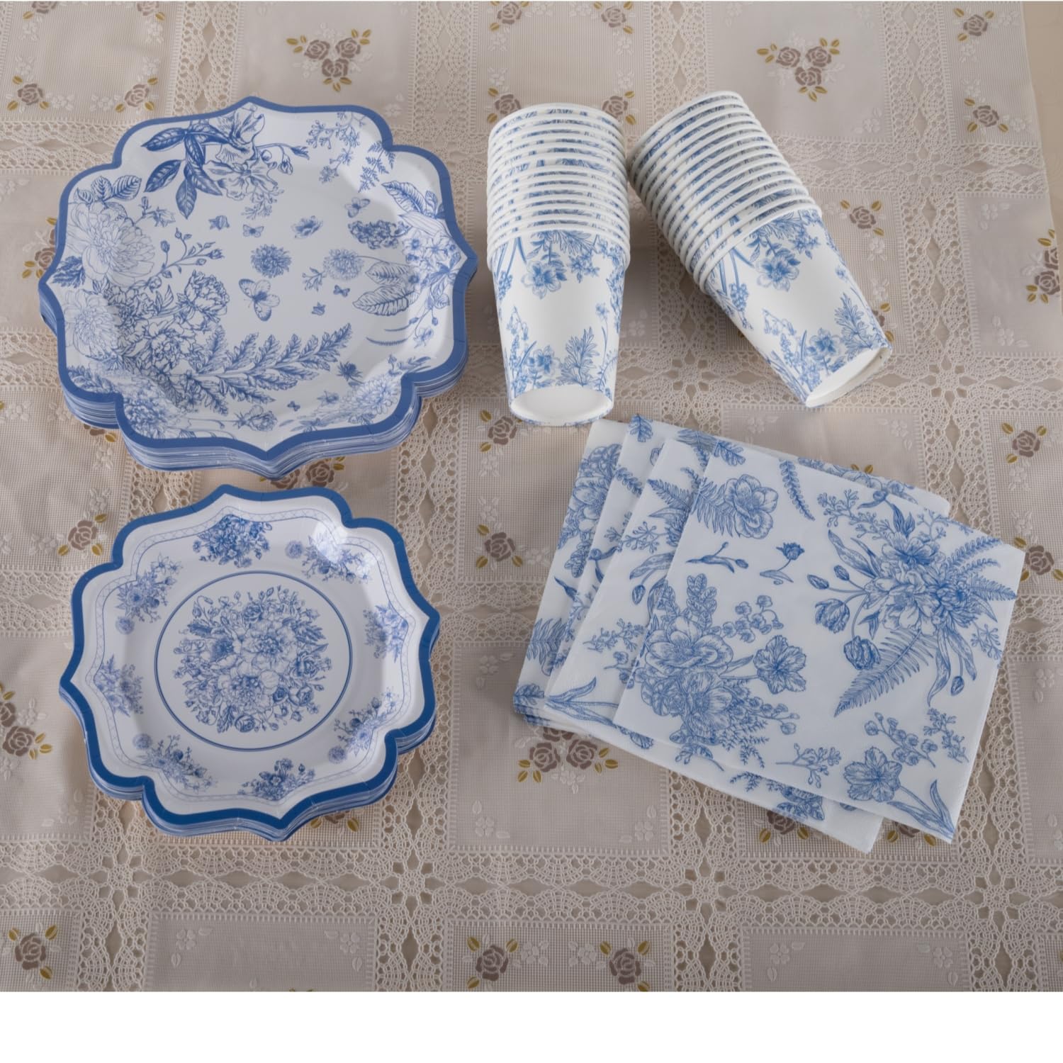 Stoviglie eleganti in cartone blu e bianco per 30 ospiti – Piatti, Asciugamani e Tazze – Tè, Compleanni