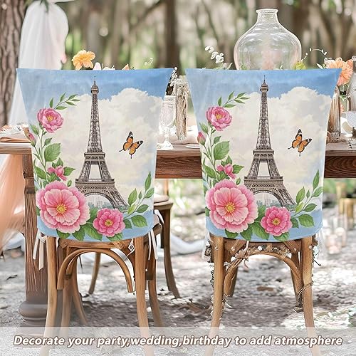 Miniatura 6 de Pink Flowers Romantic Eiffel Tower Decorative Chair Seat Cover for Wedding Banquets Soft Office Chair Cushion fundas para sillas de comedor 6 Set of