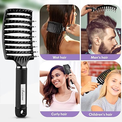 Miniatura 4 de Cepillo de pelo de cerdas de jabalí, secado más rápido, cepillo profesional curvado para el cabello para mujeres, hombres y niños, cepillo