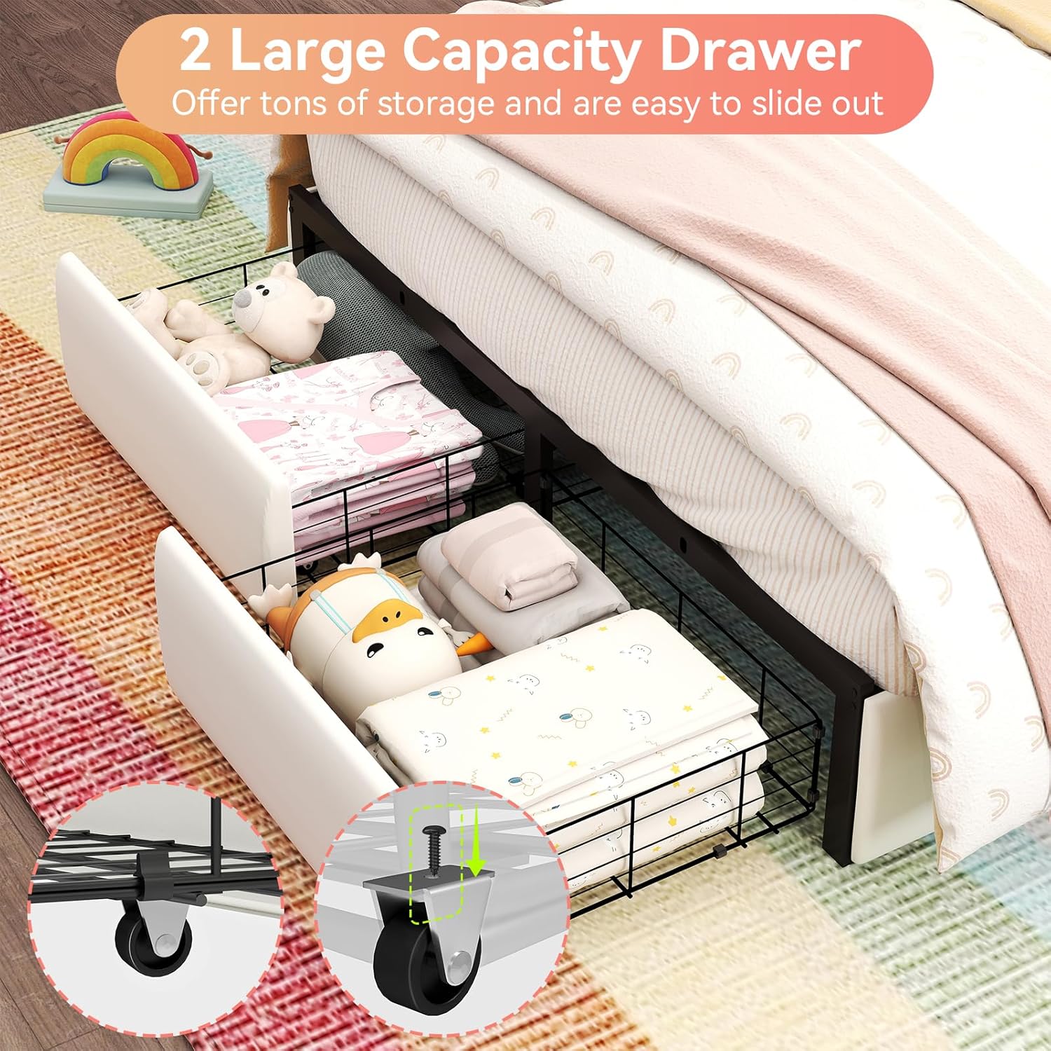 SADENICEL Full Upholstered LED Bed Frame with 2 Storage Drawers, Chic Double Wavy Headboard, Velvet Princess Platform Bed, Solid Wood Slats Support,No Box Spring Needed, Beige