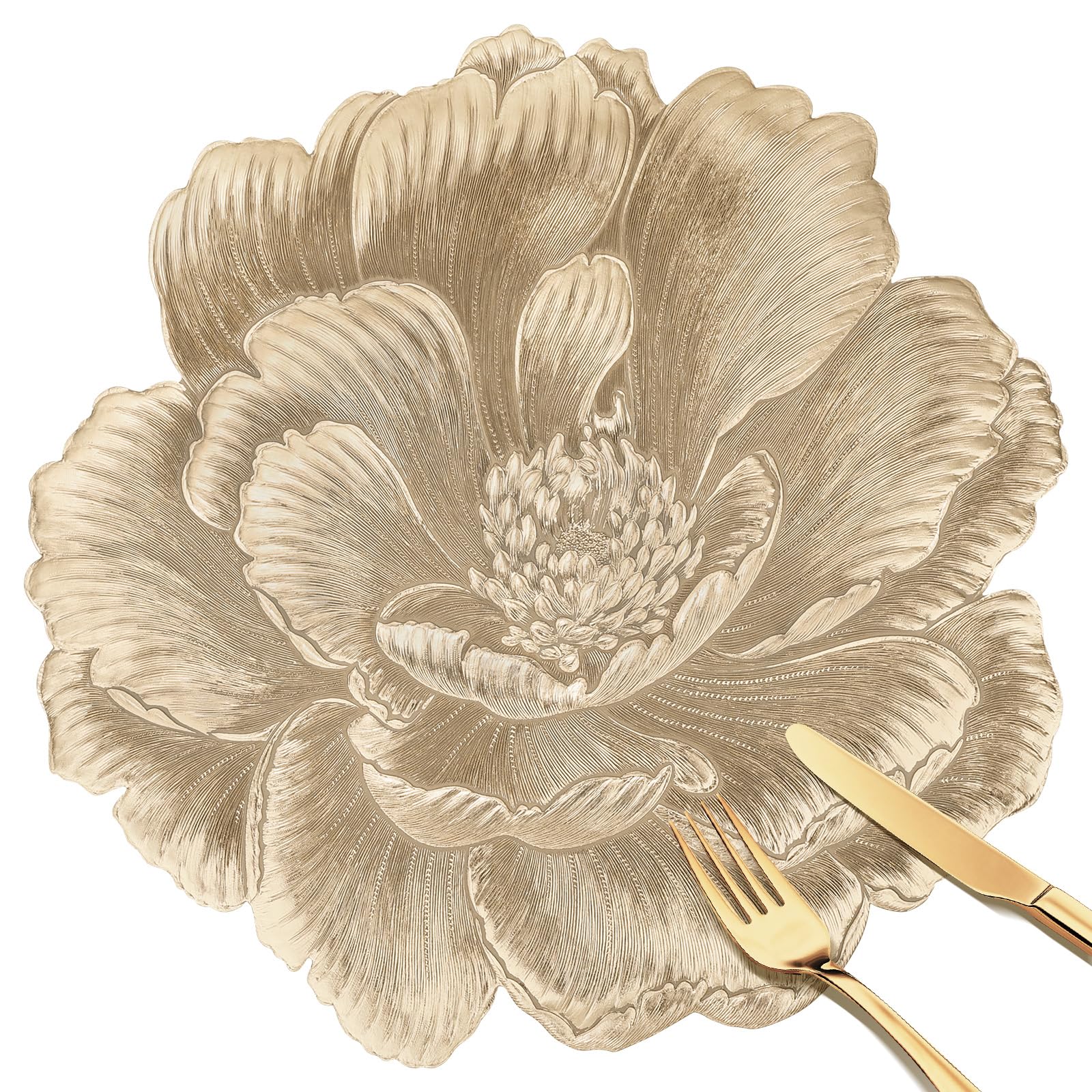 fanquare Floral Round Placemats Set of 6 Elegant Gold Lotus Flowers PVC Table Mats Washable Non-Slip Tablemats for Dining Kitchen Decoration 38cm