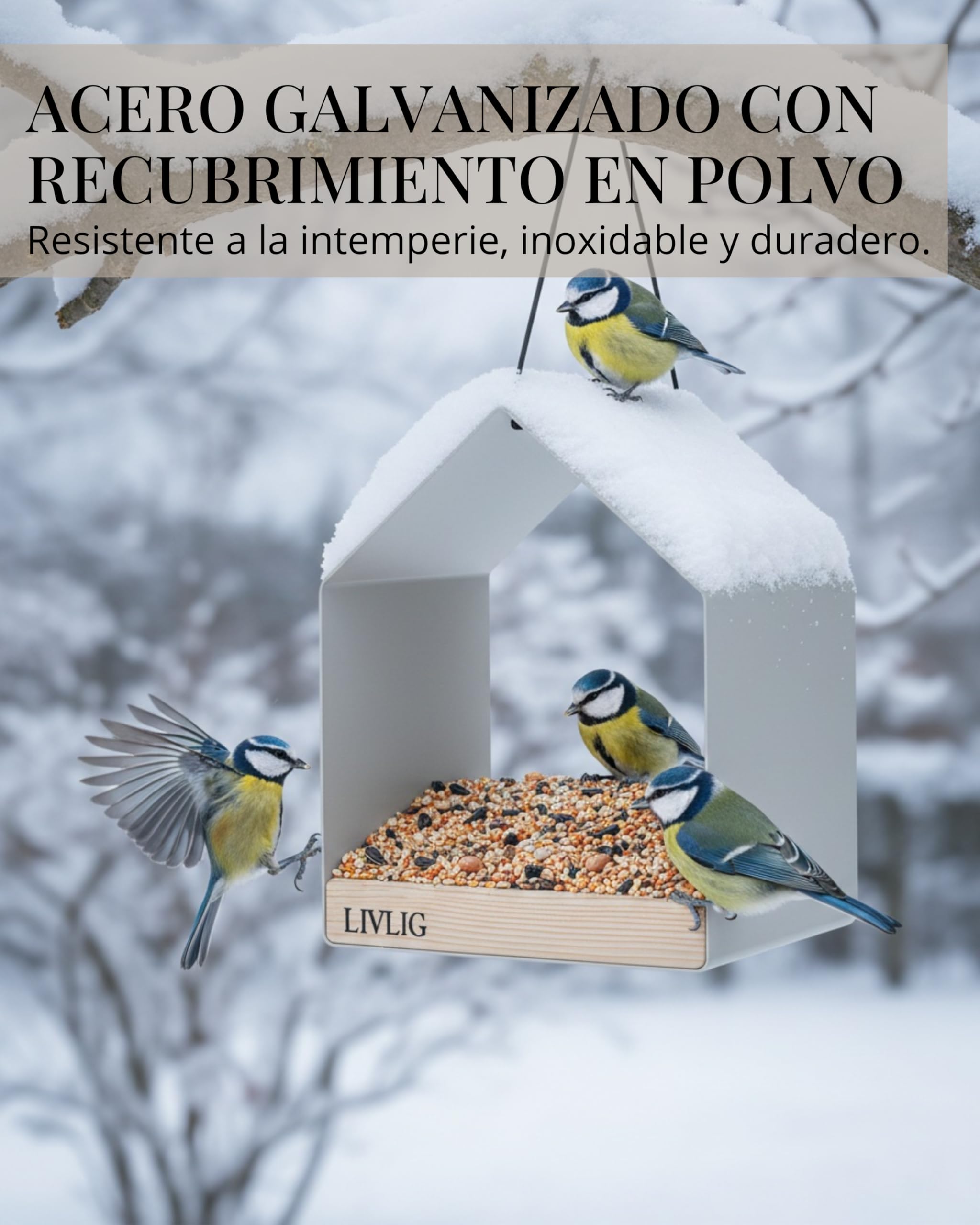 LIVLIG Pajarera de metal – Comedero para pájaros y bebedero para pájaros 2 en 1 para colgar, resistente a la intemperie para pájaros todo el año, balcón y jardín, diseño moderno, Greige