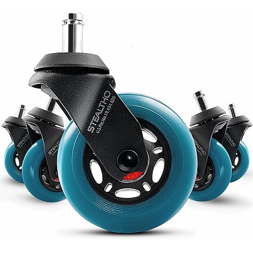 Stealtho Advanced Office Chair Wheels Set 5 Heavy Duty Casters - Silent Rolling Protection Hardwood Floors Carpets No Mat Needed - Soft Navy Polyurethane Standard Replacement 7/16" x7/8" Stem