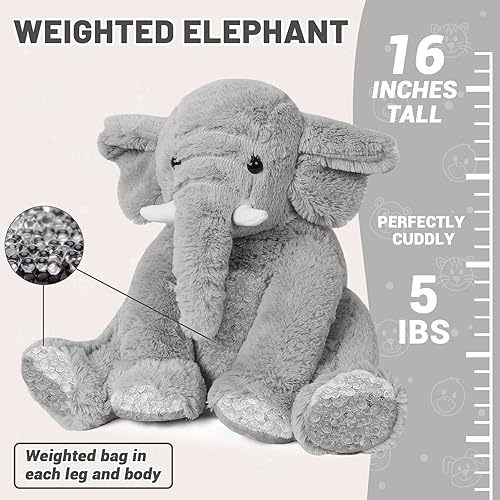 Miniatura 2 de Animales de peluche con peso de elefante, 5 libras y 16 pulgadas, color gris, almohada grande de peluche de elefante con peso, regalo para niños y
