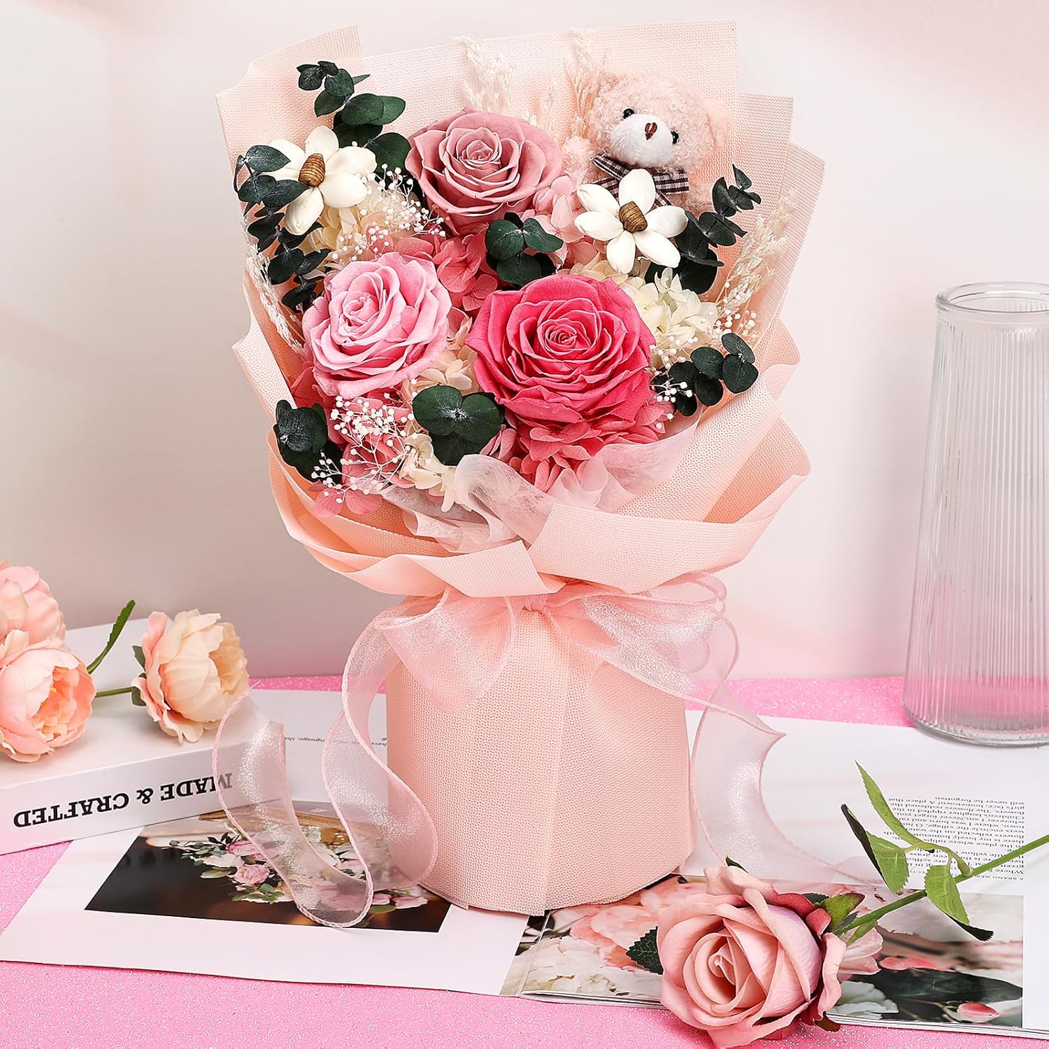 Happy Anniversary Light Up Letters, Pink Preserved Flowers Bouquet