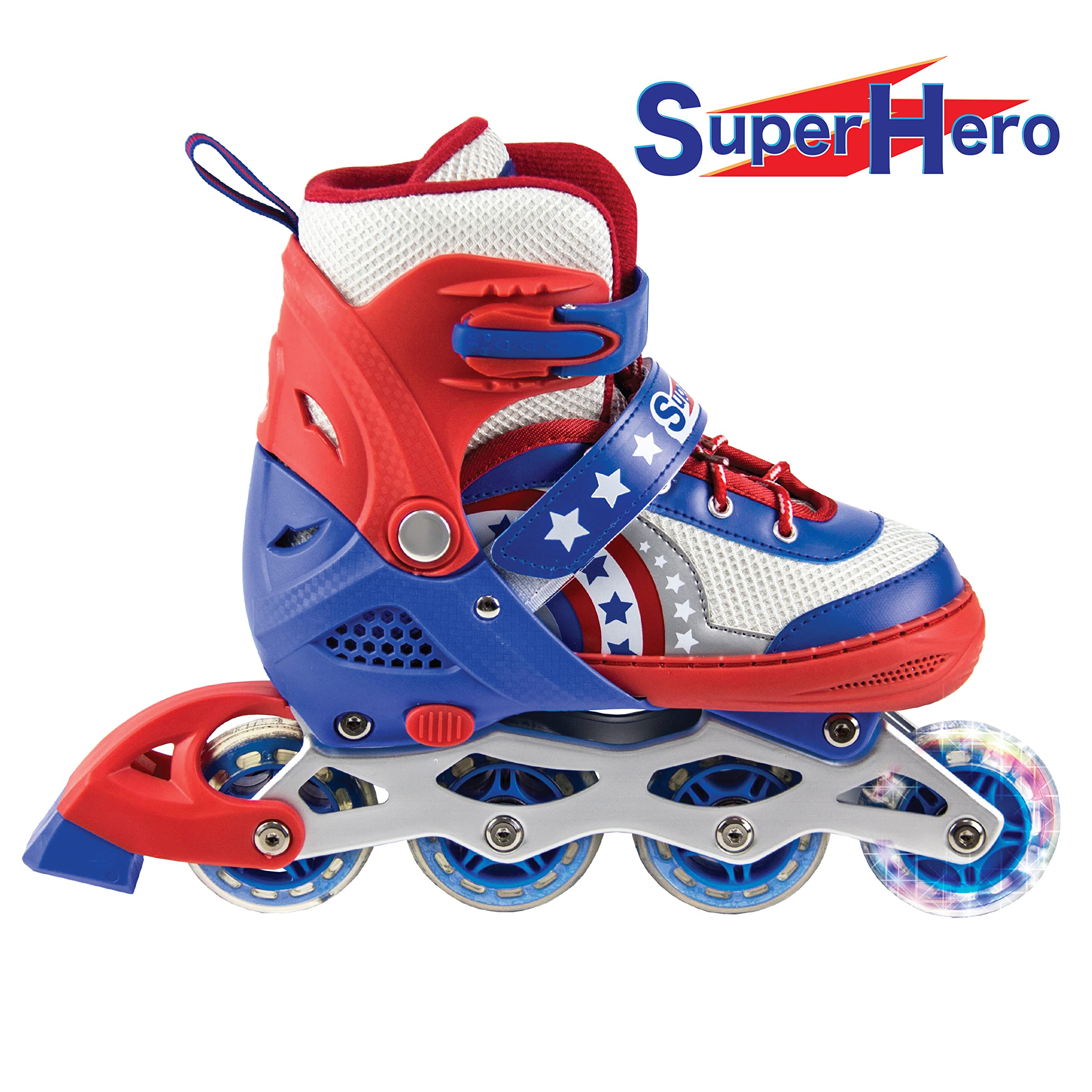 Rugged Racer Roller Blade Inline Skates with LED Light up Wheels - Adjustable in 3 Sizes Roller Skates for Kids - Suitable for Kids Aged 10 Years and Up, RWB