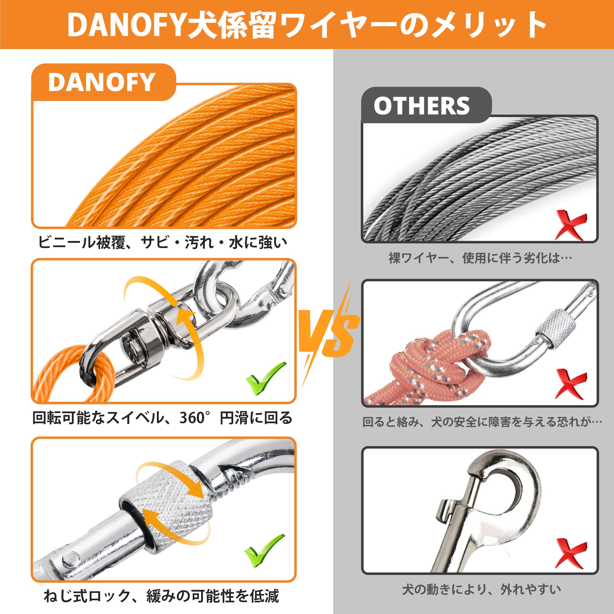 Amazon | DANOFY 犬 係留 ワイヤー リード ケーブル - 犬用 係留