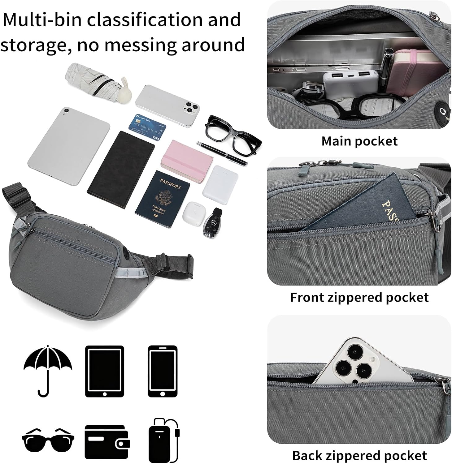 RFID Water Resistant Fanny Pack with Reflective Strip for Men Women, Gray | RFID blocking, water-resistant fabric, reflective strips, 3 large compartments, fits 20-60" waist, ideal for travel & outdoor