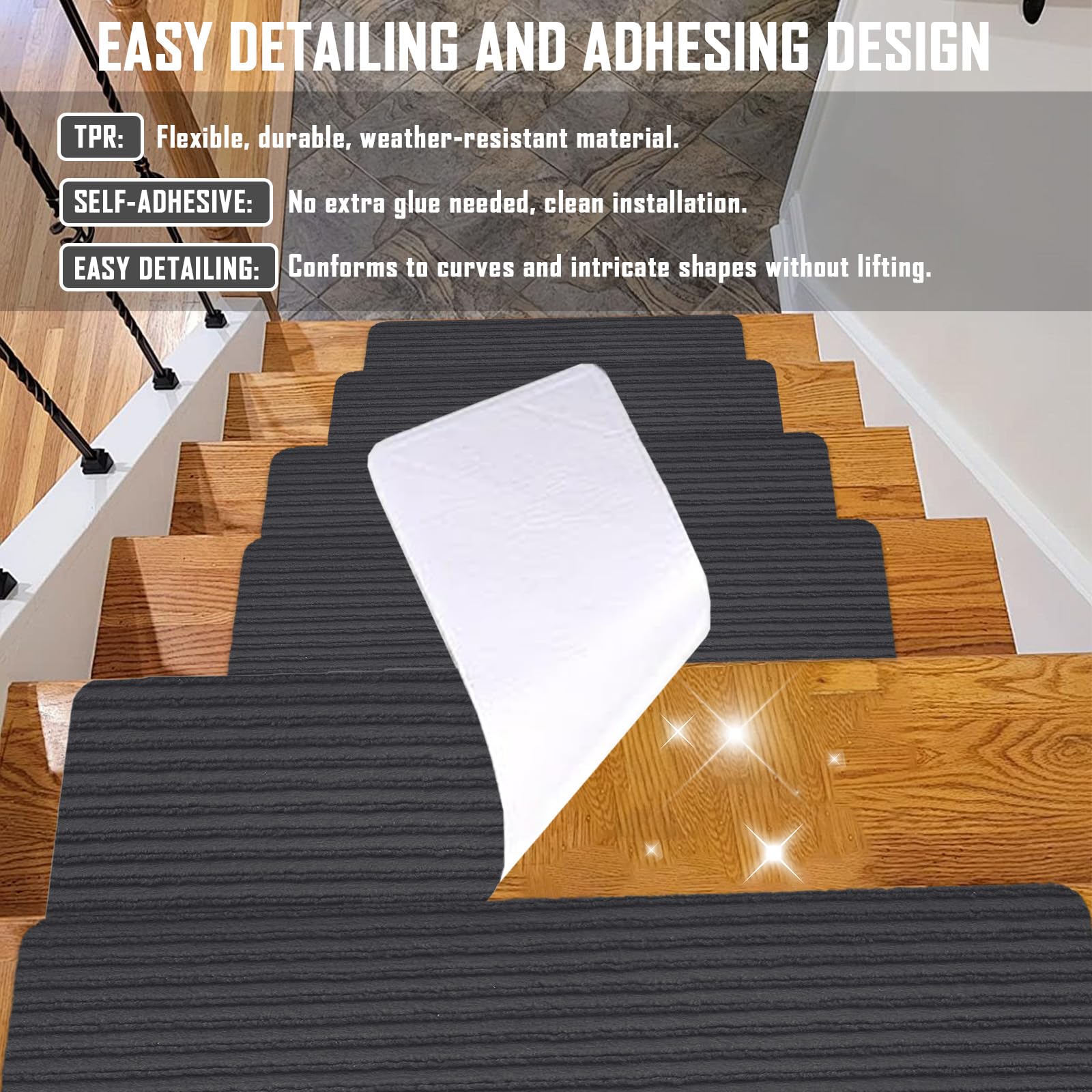 Tapis D'Escalier Antidérapant, Tapis Escalier Marche, Lot De 15 Marchettes D'Escalier Autocollantes Intérieur, Moquette Escalier Réutilisable Découper Pour Protéger Animaux (Grigio scuro, 55 X 22 Cm)