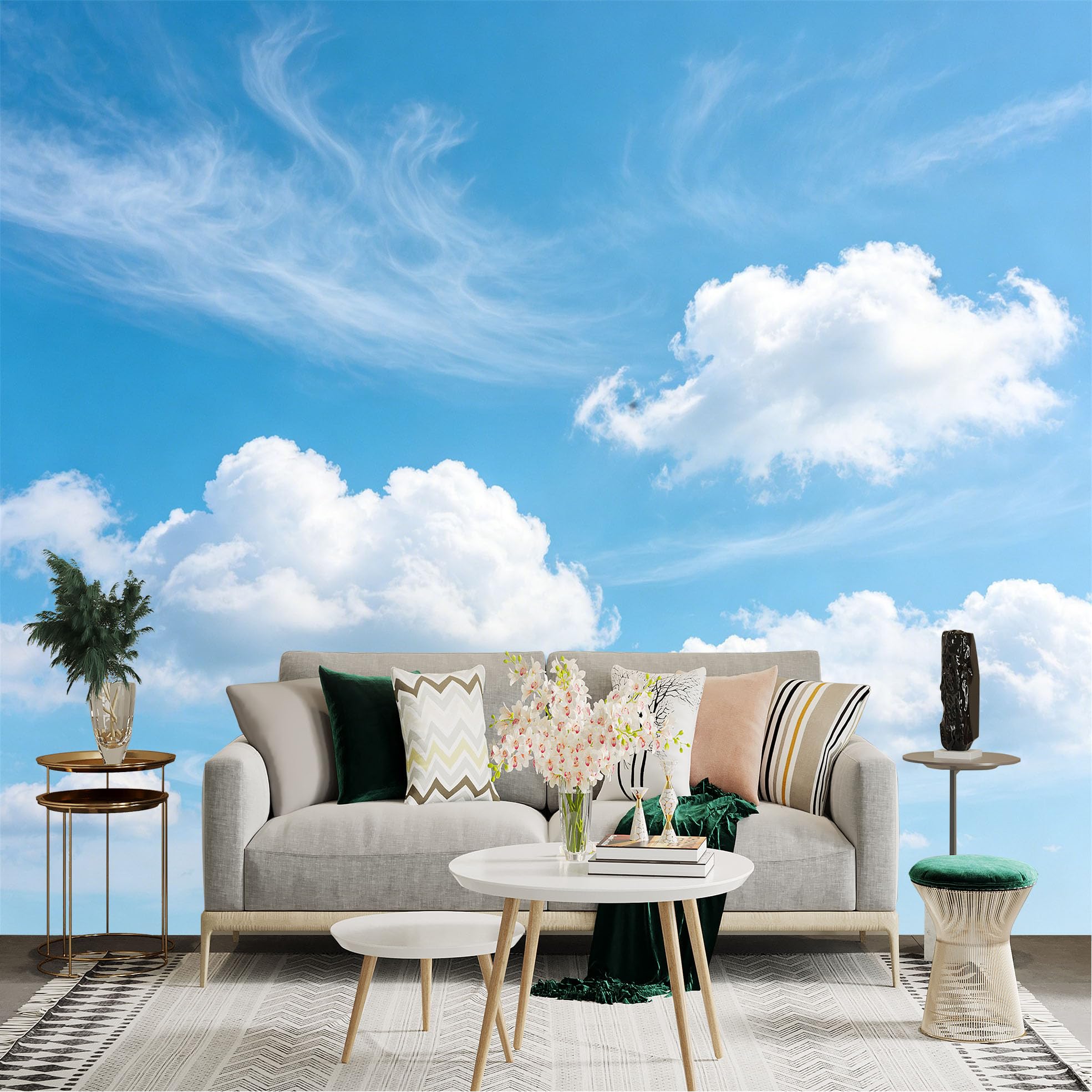 Lnzczhyre Dbh260521754 Custom Size Wall Sticker Mural， Blue Sky With Fluffy White Clouds， Scenic Nature Scenery， Peaceful Atmosphere， For Wall Decoration， Peelandstick Wall Decals.