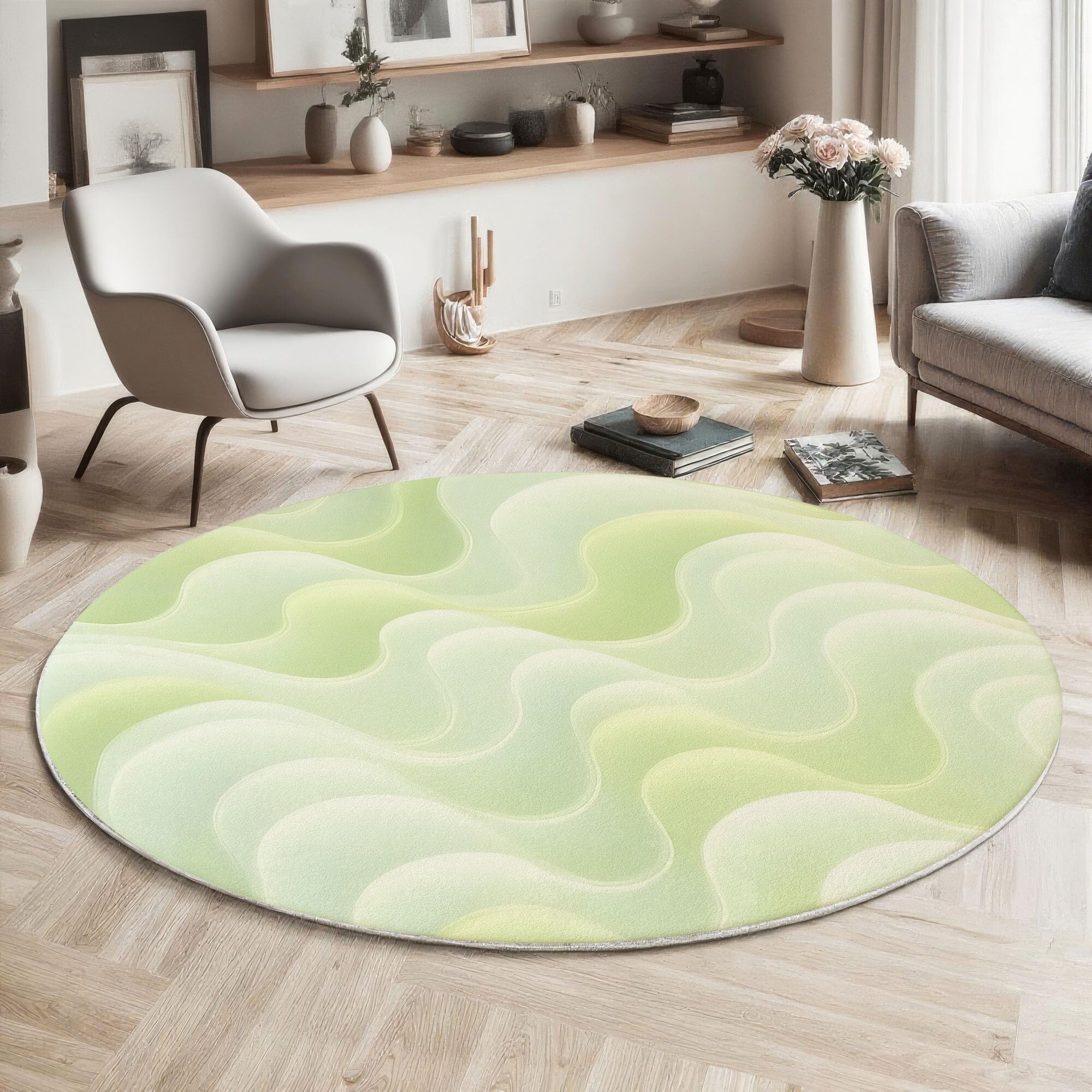 Tapis rond 60cm lavable moquette antidérapante vert sauge salon