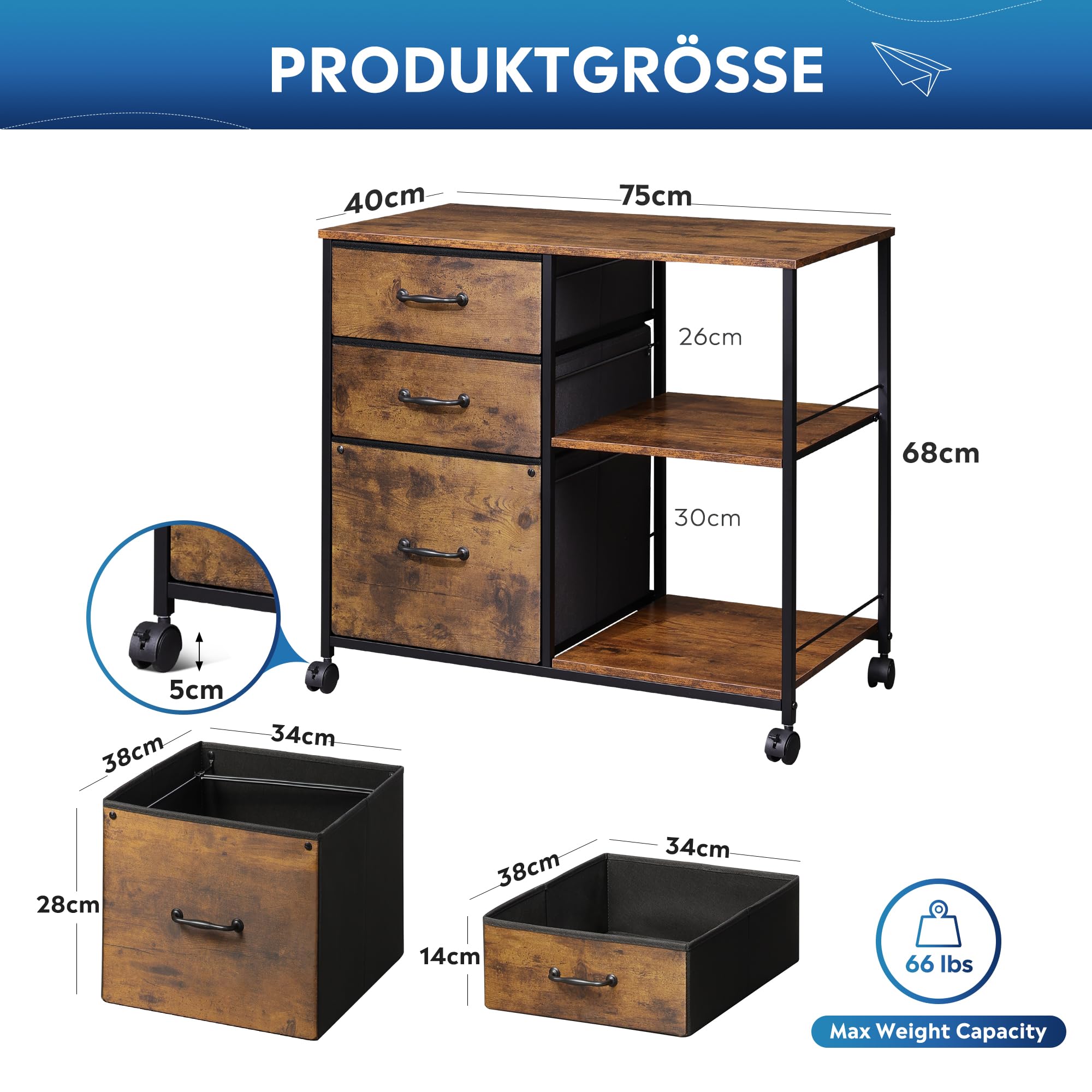 DEVAISE Rollcontainer mit 3 Schubladen und offenen Ablagen, Mobiler Aktenschrank mit Rollen, Druckertisch für DIN A4/Legal/Letter, Schubladenschrank für Büro und Home Office, Retro Braun