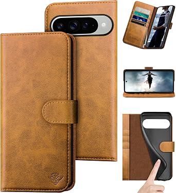 DuckSky Compatible with Google Pixel 10/10 Pro 6.3" Genuine Leather Wallet caseRFID Blocking4 Credit Card HolderReal Leather Flip Folio Book Phone case Cover Women Men for Pixel 10 case Khaki