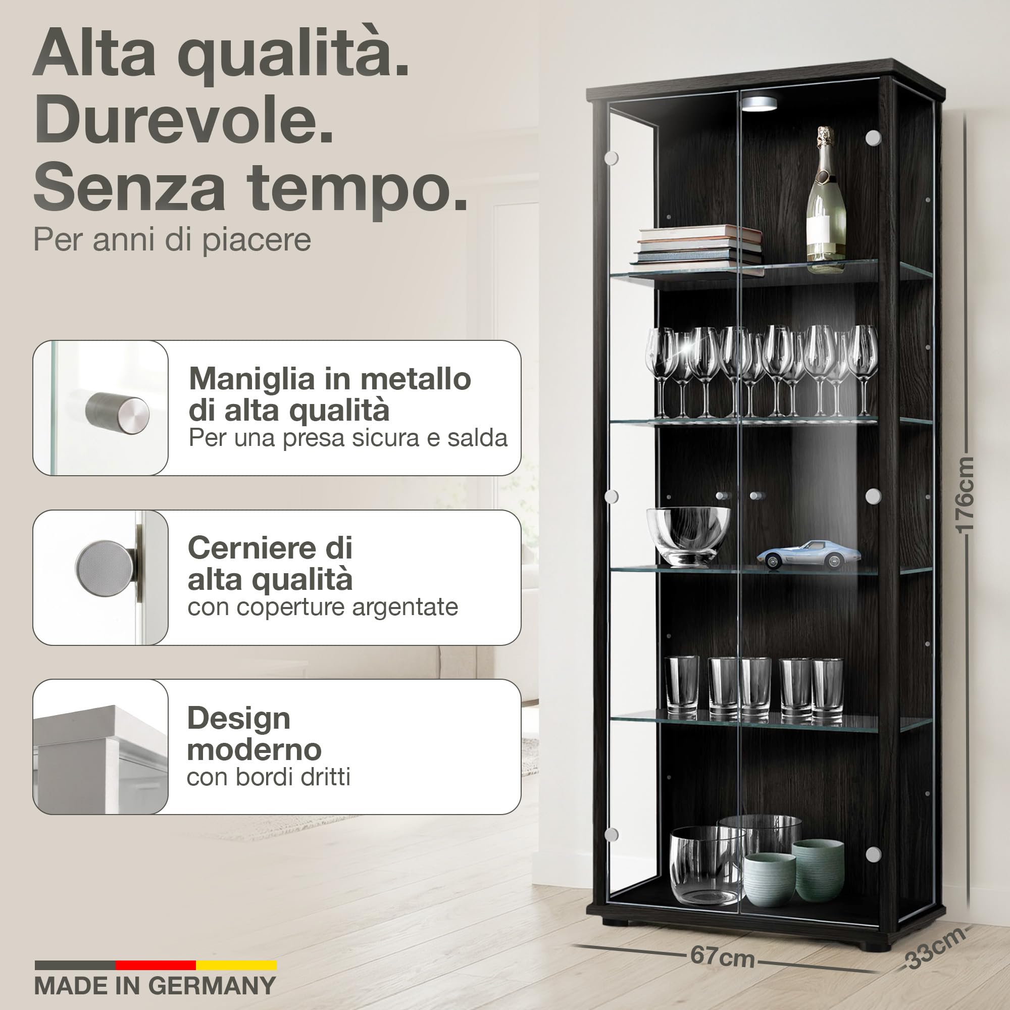 Vetrina in vetro nero (176x67x33 cm) con 4 ripiani in vetro regolabili in altezza e LED - Vetrina nera per automodelli - Vetrina nera - Vetrina da collezione