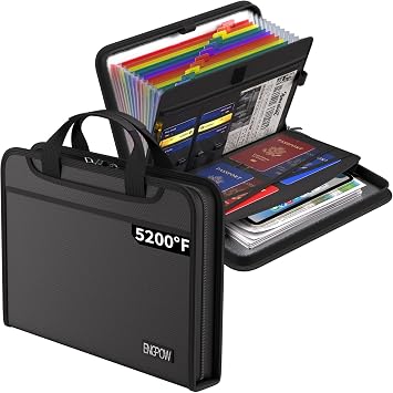 ENGPOW Accordion File Organizer, Fireproof 5200F Expanding File Folder with 13 Pockets Document Organizer with Handle & Labels, Portable Home Office Travel Safe Storage for Letter A4 Files, Black