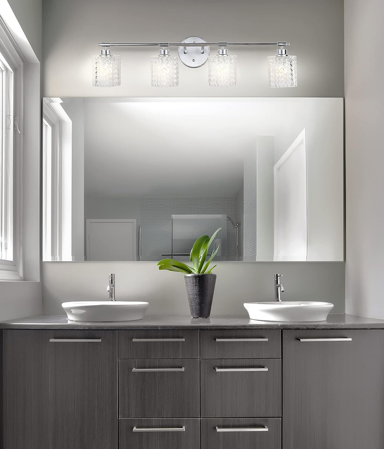 JONATHAN Y 31.5" Chrome Spaulding Vintage 4-Light Farmhouse Vanity Sconce Light, Clear Chevron Pattern Glass Shade, LED Wall Light for Bathroom Mirror, Bulb Included (JYL3551A)