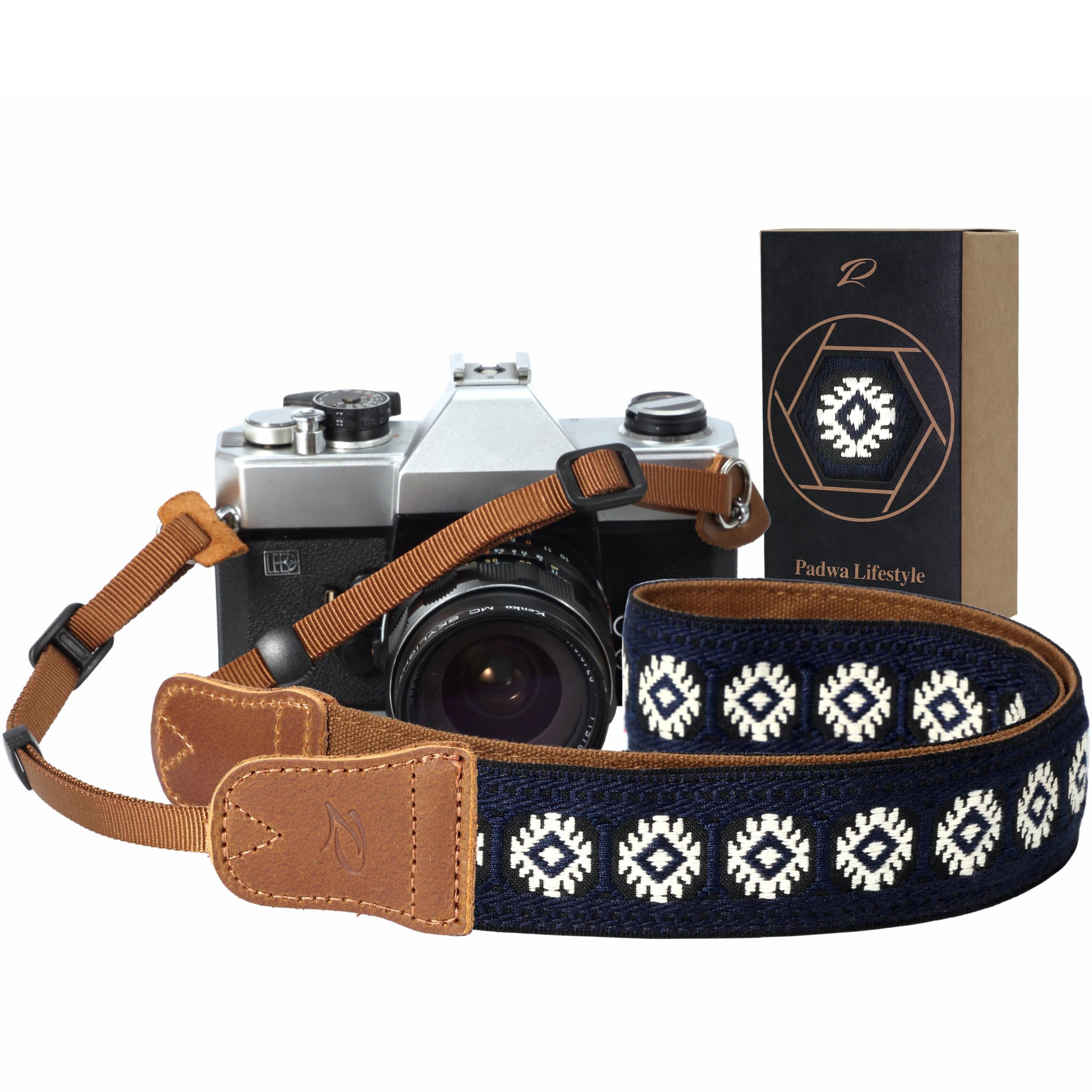Padwa Lifestyle Camera Strap - 1.5" Crazy Horse Cowhide Head Cotton Strap,Vintage Embroidery Camera Straps for Photographers and All Cameras,Cute