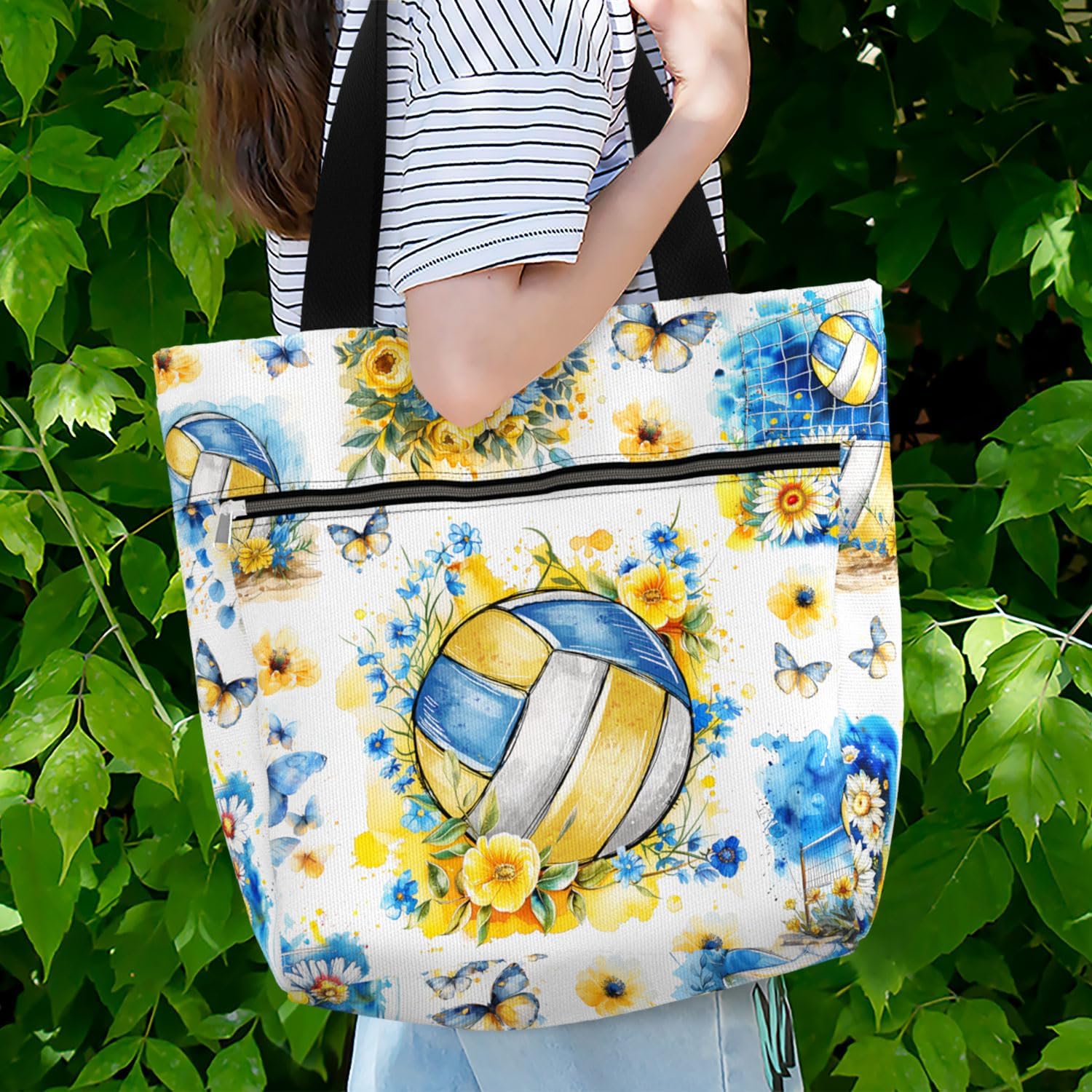 84hoods Waterproof Tote Bag with Pockets and Zipper for Work. Shoulder Bag for Women. Gift for Volleyball Lover Player.