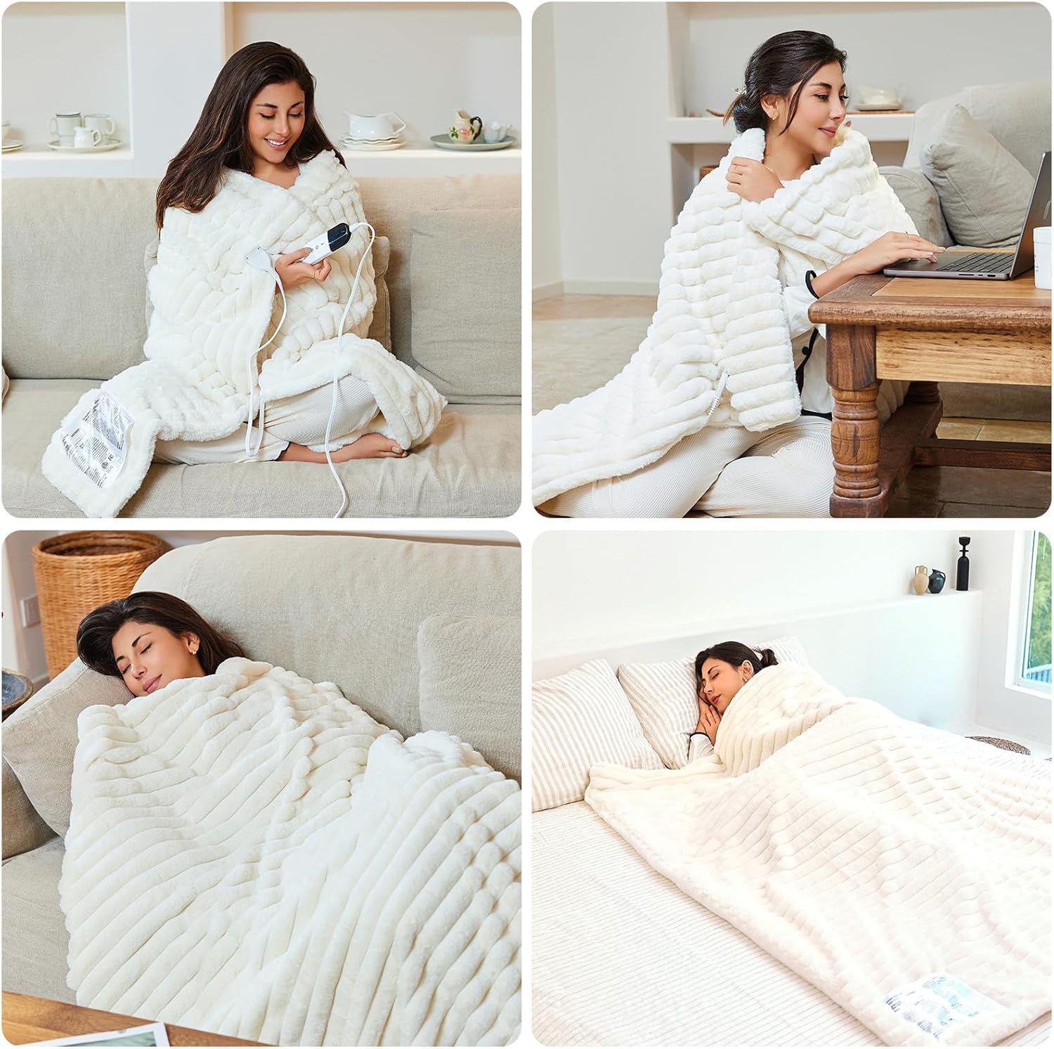 Heated Electric Blanket Throw: 6-Level Fast Heating, 4-Hour Auto-Off, Soft&Warm Stripe Faux Rabbit Fur, for Couch Home Office, with Overheating Protection & ETL Certified(50 x 60,Milky White) - Image 7
