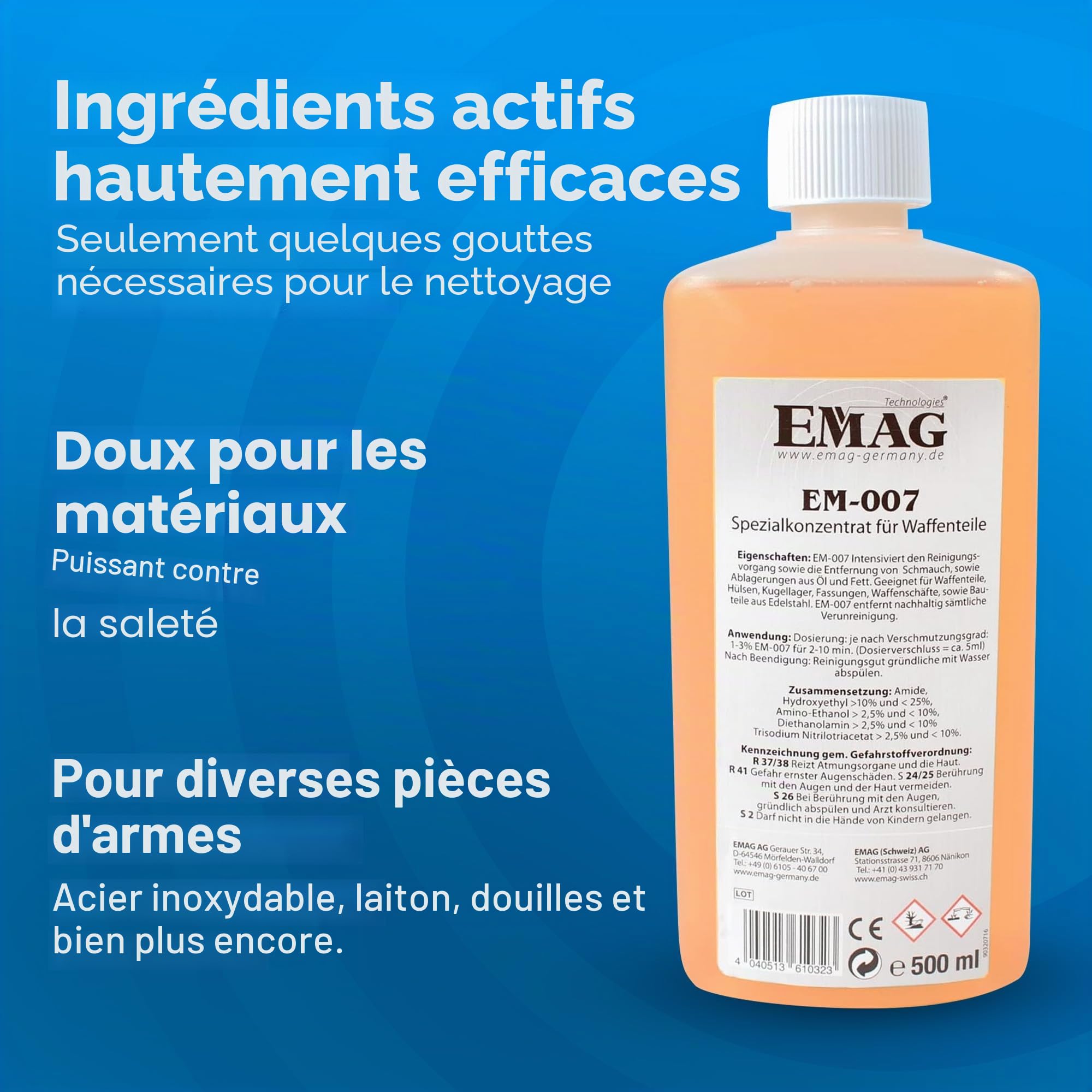 EMAG Nettoyant universel EM-007 I Nettoyeur à ultrasons spécial pour pièces d'armes, manchons, douilles, etc. I Élimine toutes les impuretés I 500 ml