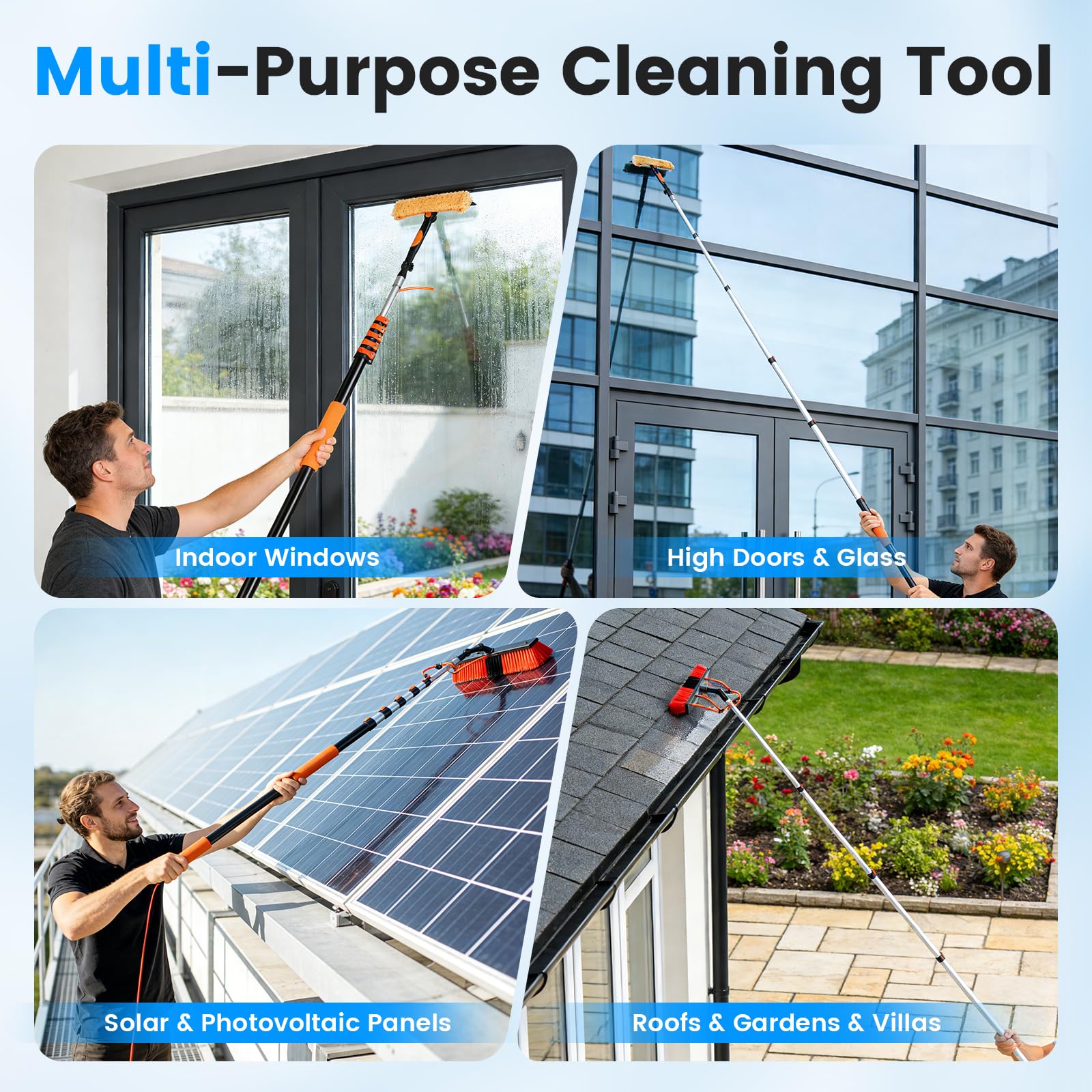 Teleskop Reinigungsset mit Wasserzufuhr, 4,8 m, 50 cm | Solarpanel Reiniger & Fensterreiniger, 180° drehbar, mit Seifenspender & Glasabzieher, Alu-Teleskopstange, 6,5 m Schlauch