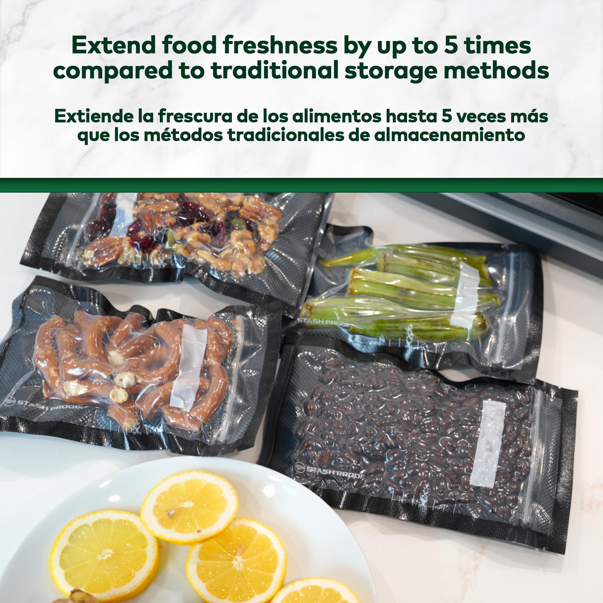 Bolsa de almacenamiento con cremallera resellable de 5 x 8 pulgadas (negro y transparente) (100 unidades) 5.5 mil duradera, sin BPA, comercial, de grado alimenticio, reutilizable,